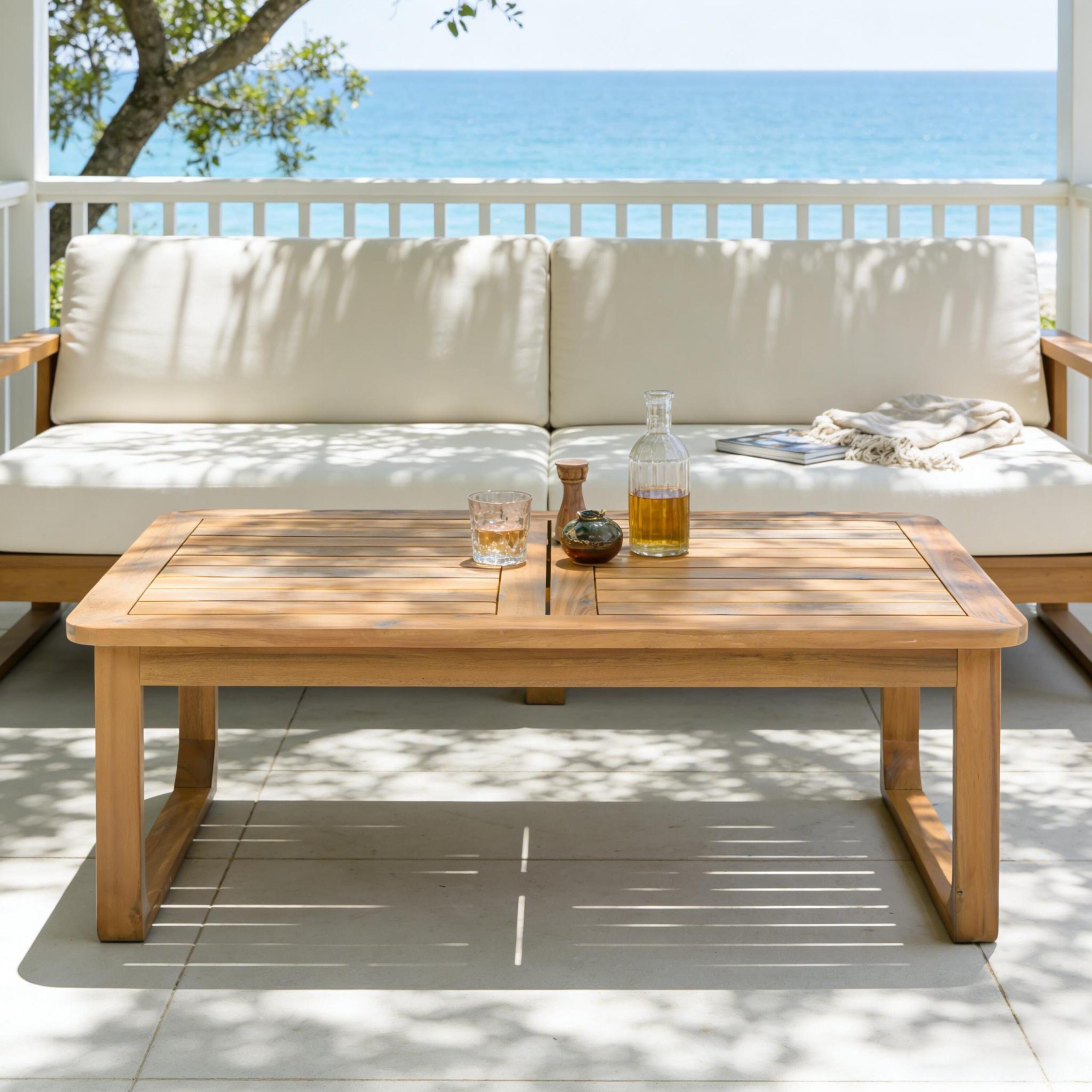 Acacia Wood Outdoor Coffee Table, Rectangular Patio Table with Curved Legs, Light Teak Finish, Durable Weather Resistant, Modern Minimalist Design, For Deck, Garden, Poolside - Image 2