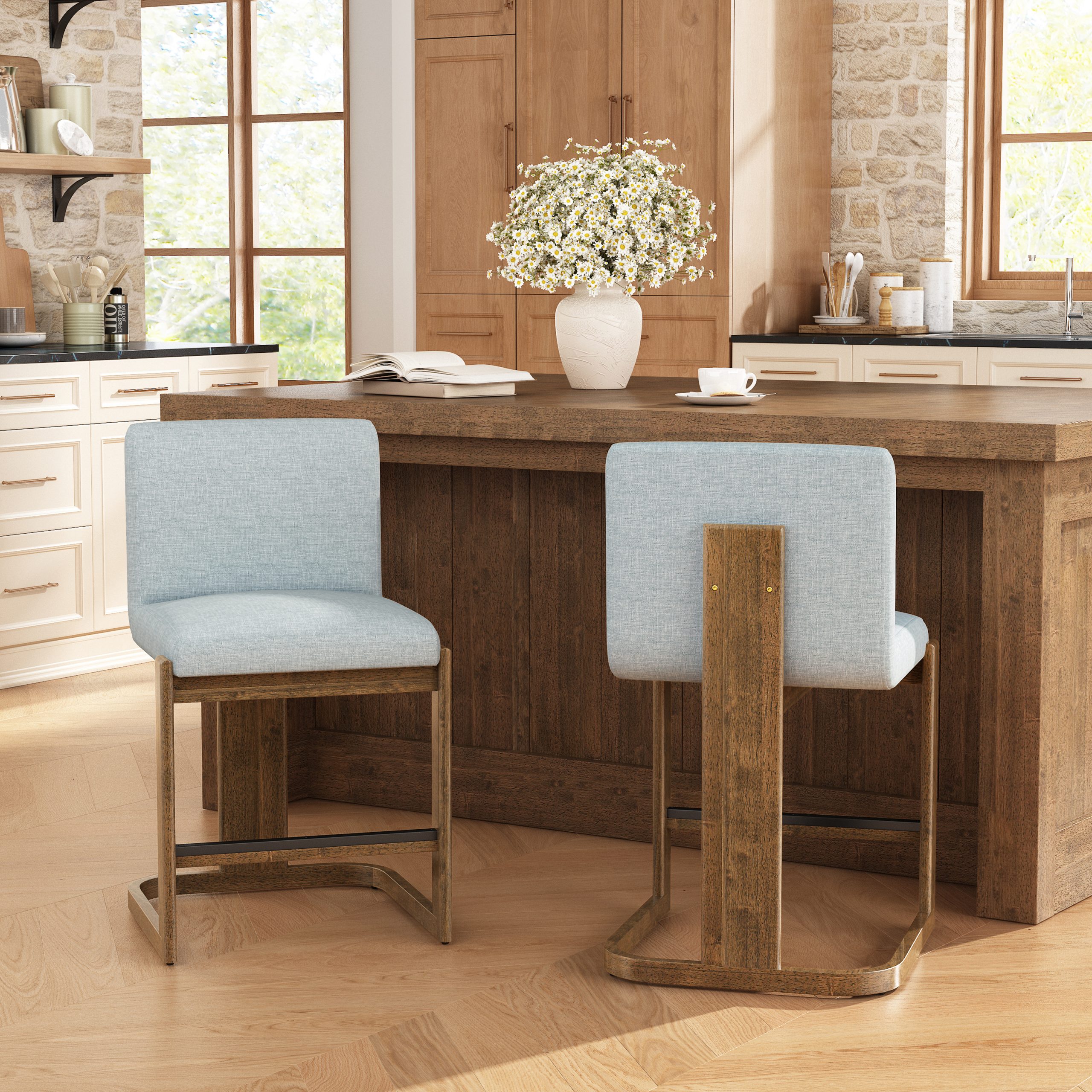 Modern Bar Stools Set of 2, 24" Solid Wood Counter Height Barstools, Linen Upholstered Kitchen Island Chair With Walnut-Finished Wood Legs for Home Bar Coffee Shop,Light Grey - Image 2