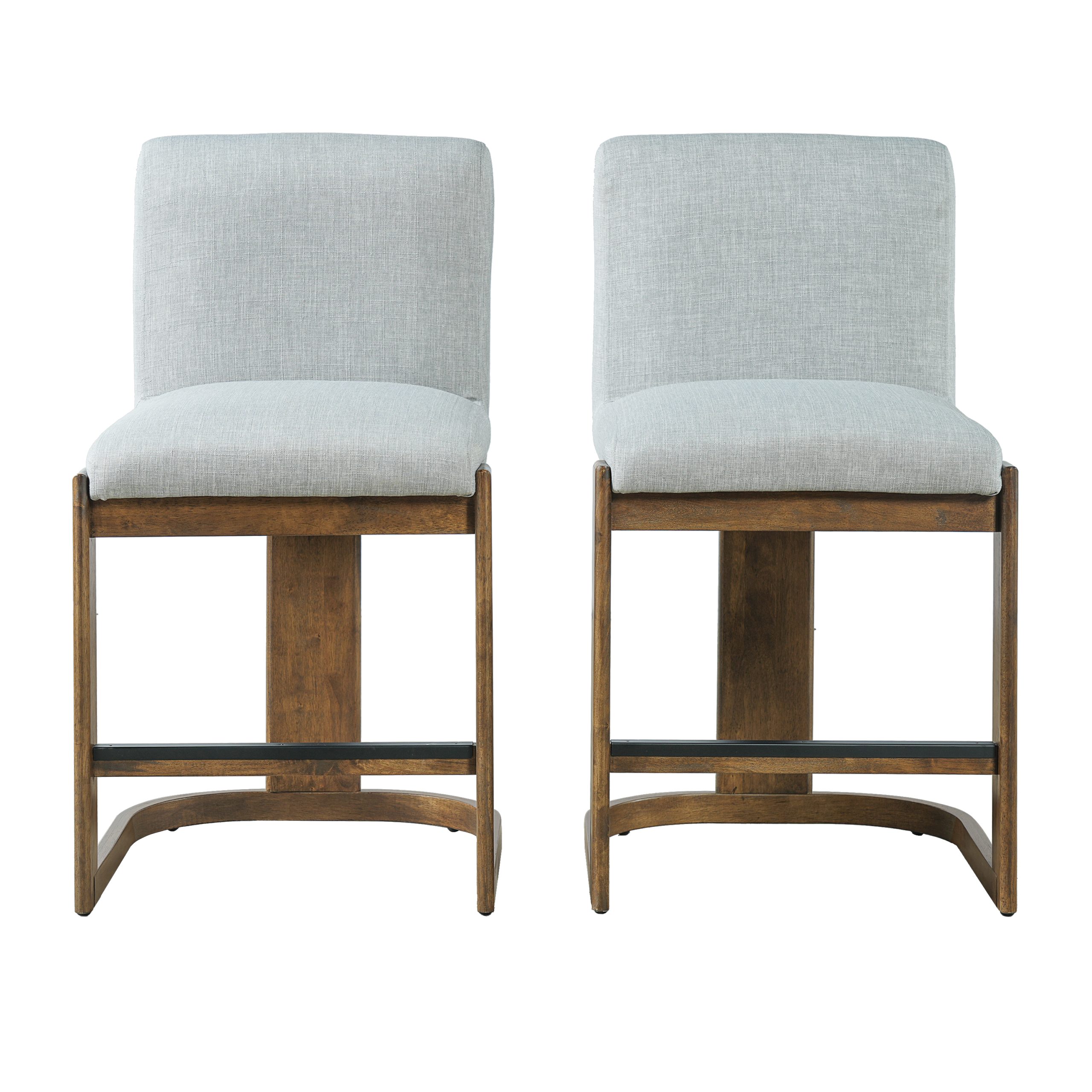 Modern Bar Stools Set of 2, 24" Solid Wood Counter Height Barstools, Linen Upholstered Kitchen Island Chair With Walnut-Finished Wood Legs for Home Bar Coffee Shop,Light Grey - Image 3