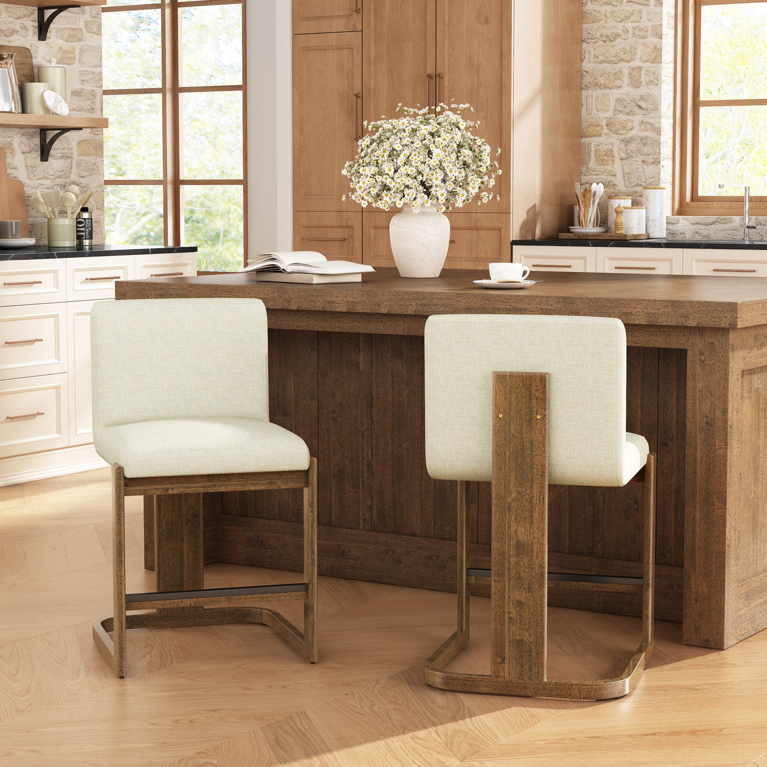 Modern Bar Stools Set of 2, 24" Solid Wood Counter Height Barstools, Linen Upholstered Kitchen Island Chair With Walnut-Finished Wood Legs for Home Bar Coffee Shop,Beige - Image 2