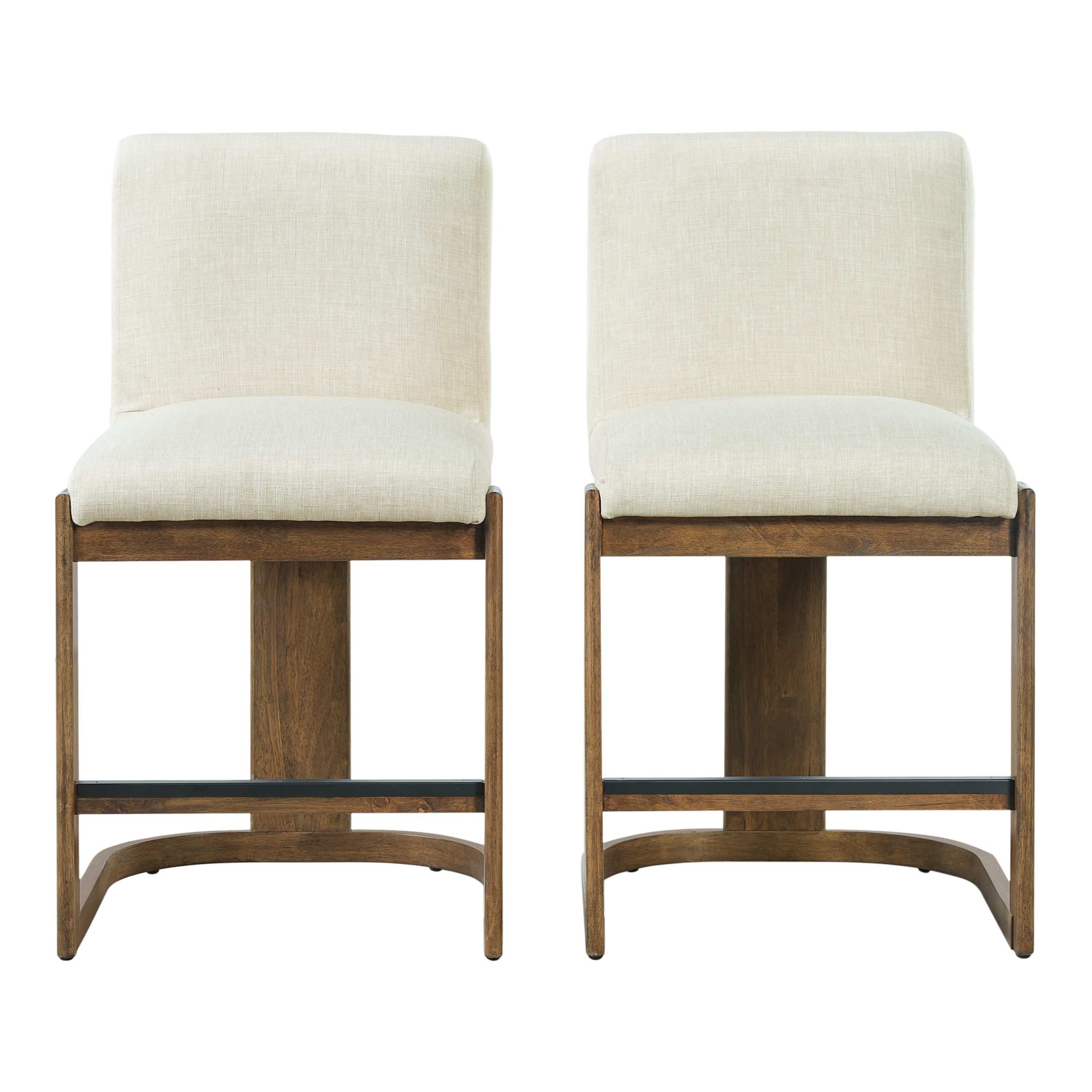 Modern Bar Stools Set of 2, 24" Solid Wood Counter Height Barstools, Linen Upholstered Kitchen Island Chair With Walnut-Finished Wood Legs for Home Bar Coffee Shop,Beige - Image 3