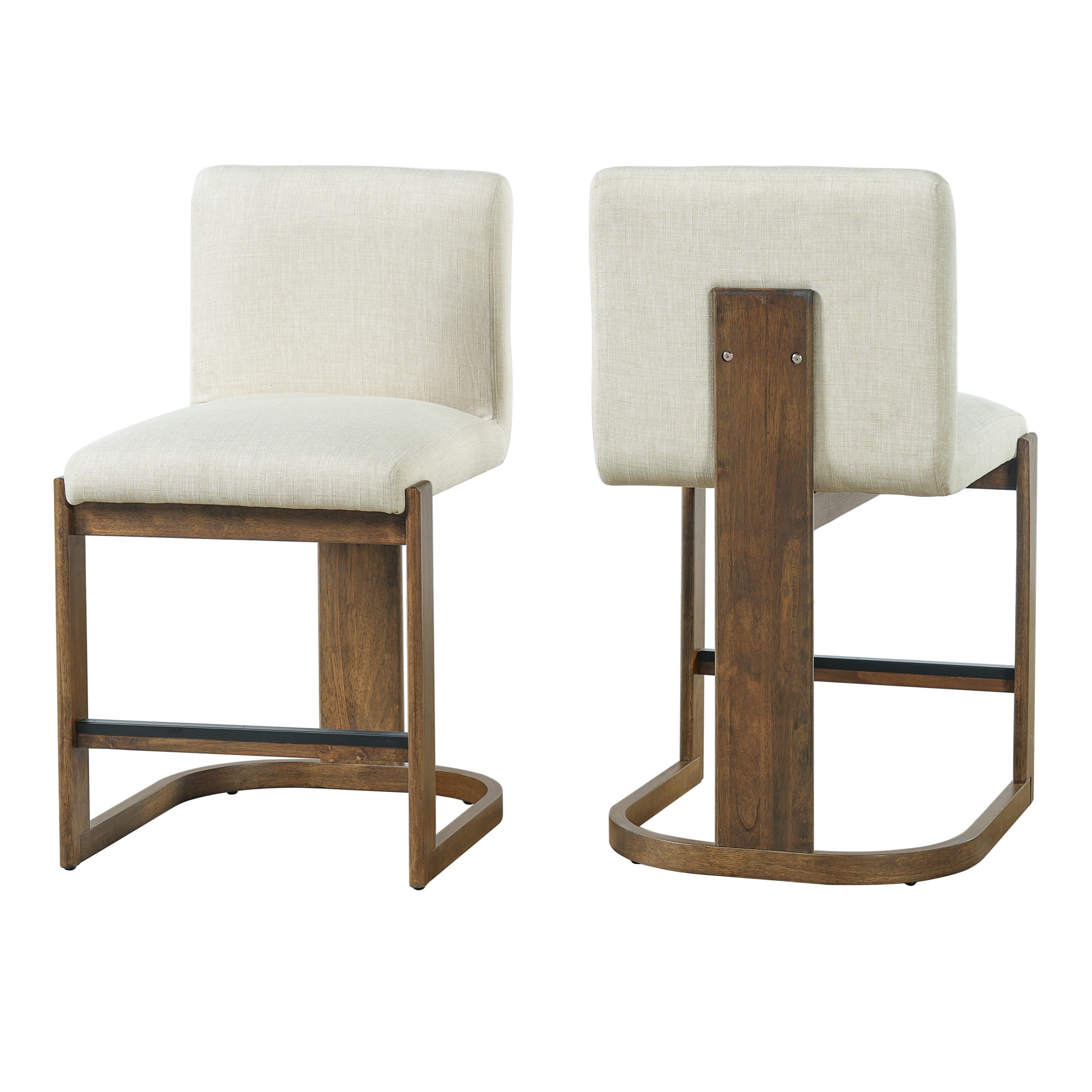 Modern Bar Stools Set of 2, 24" Solid Wood Counter Height Barstools, Linen Upholstered Kitchen Island Chair With Walnut-Finished Wood Legs for Home Bar Coffee Shop,Beige - Image 4