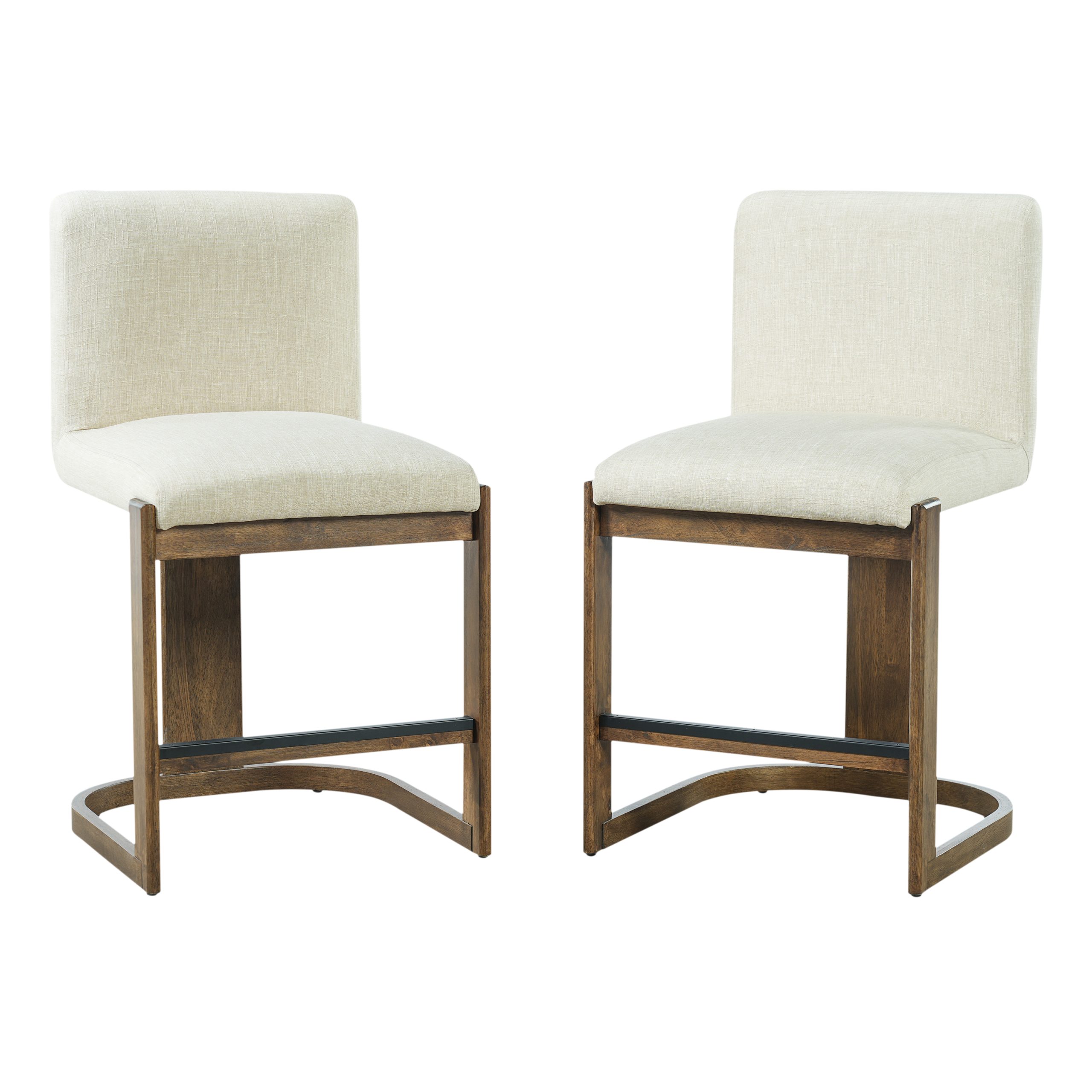 Modern Bar Stools Set of 2, 24" Solid Wood Counter Height Barstools, Linen Upholstered Kitchen Island Chair With Walnut-Finished Wood Legs for Home Bar Coffee Shop,Beige - Image 5