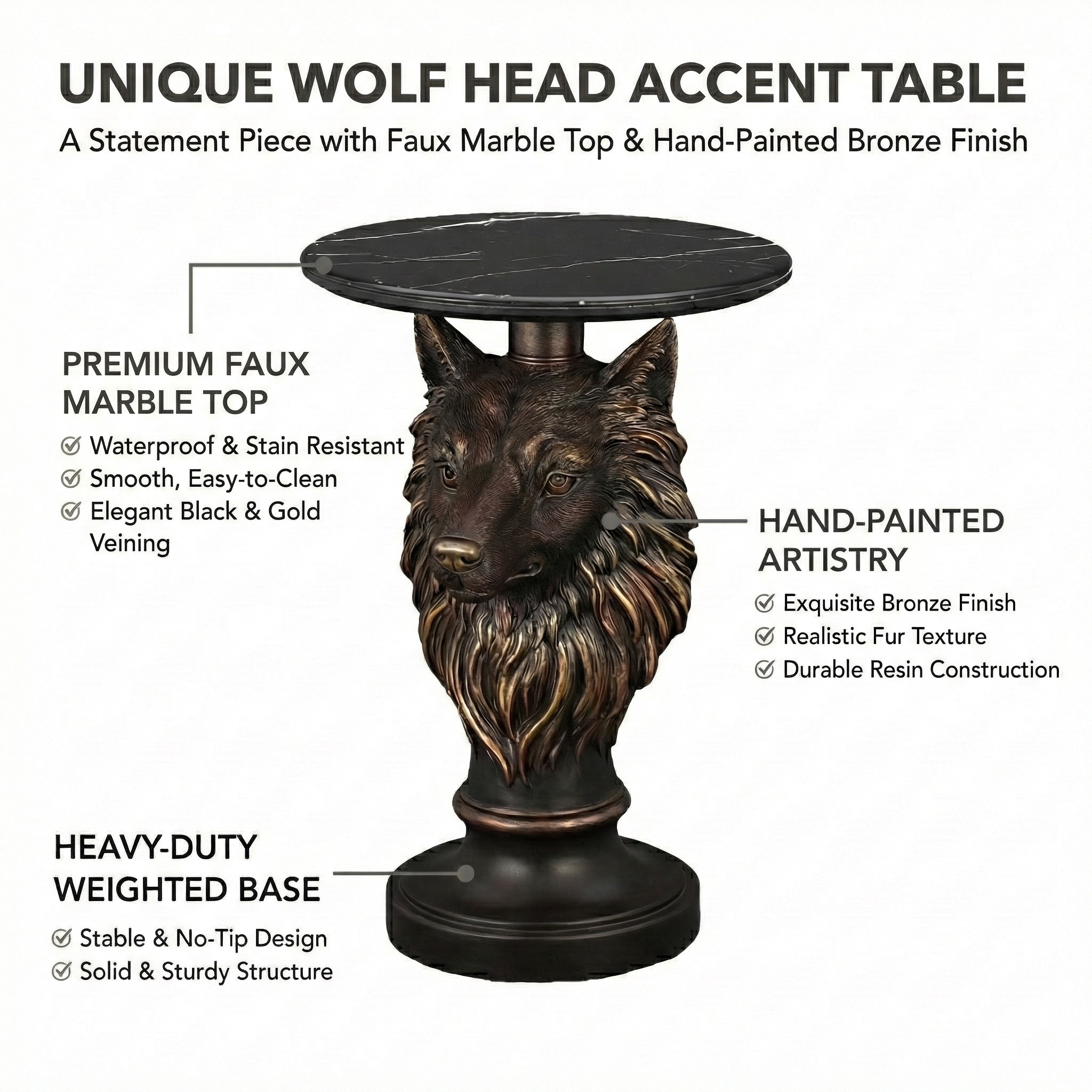 Wolf Head Accent Table Animal Statue End Tables Livingroom - Image 3