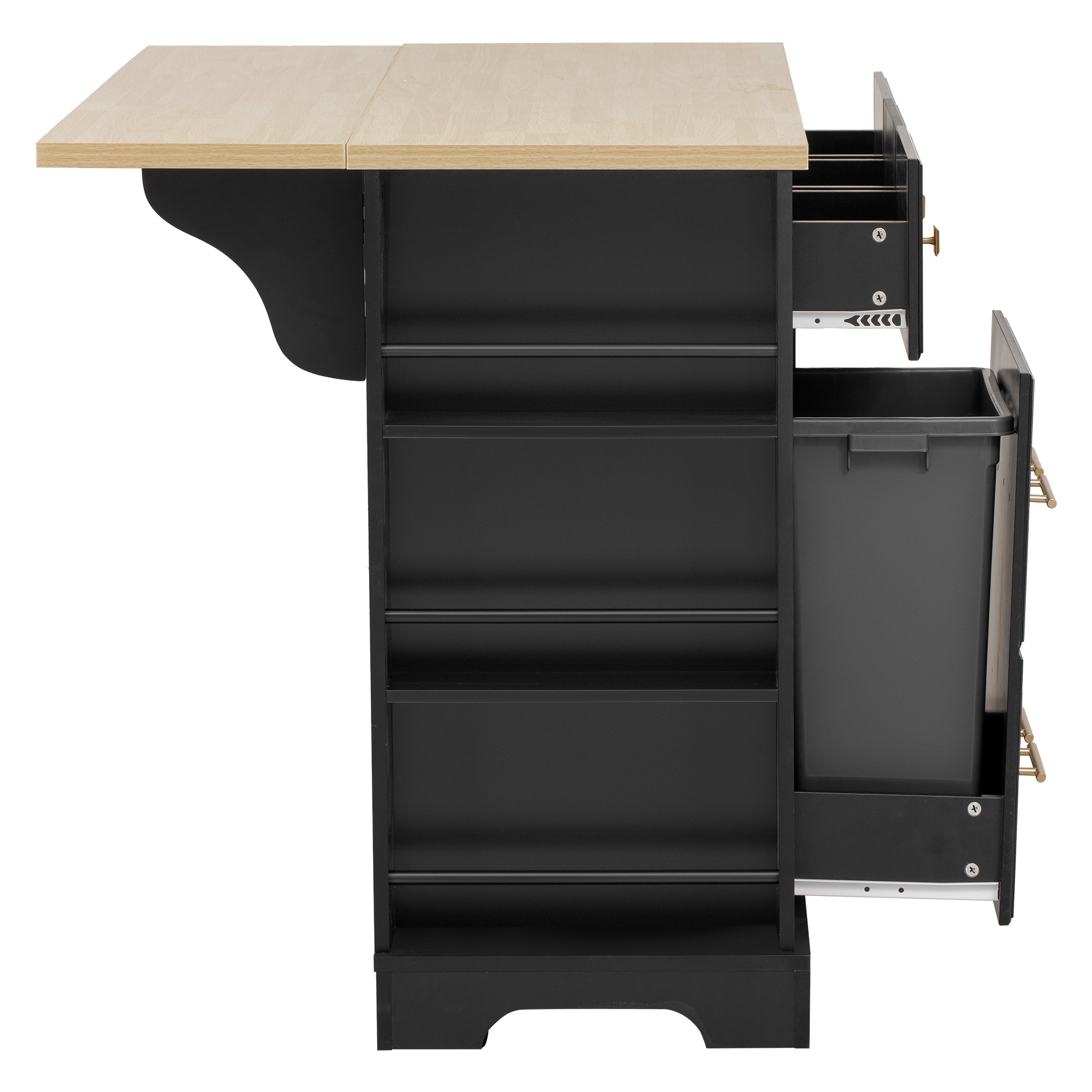 K&K Kitchen Island with 6 Drawers, Pull Out Trash Can Storage, Rolling Kitchen Island on 5 Wheels with Drop Leaf, Power Outlet, 5 Open Side Racks for Kitchen, Dining Room, Black - Image 2