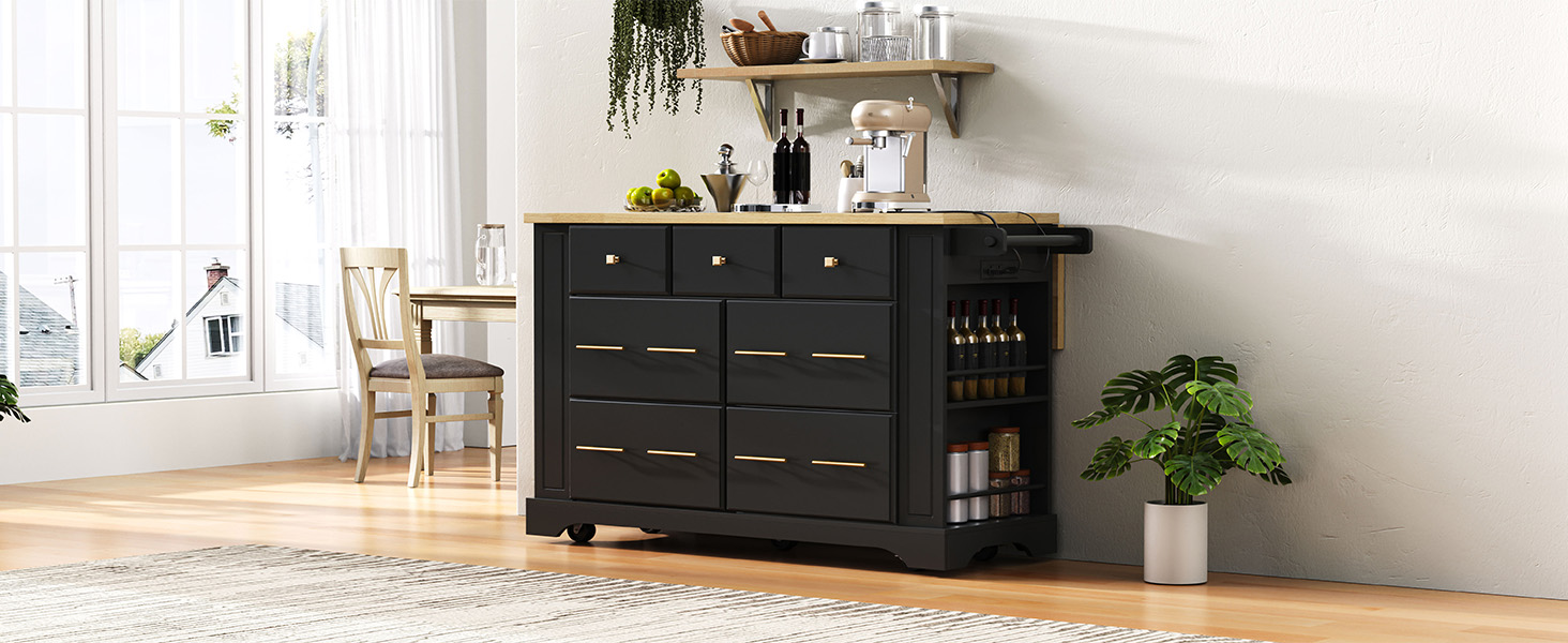 K&K Kitchen Island with 6 Drawers, Pull Out Trash Can Storage, Rolling Kitchen Island on 5 Wheels with Drop Leaf, Power Outlet, 5 Open Side Racks for Kitchen, Dining Room, Black - Image 3