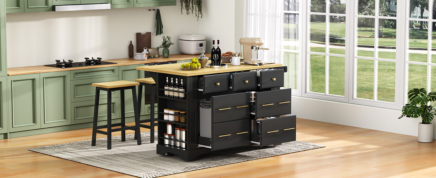 K&K Kitchen Island with 6 Drawers, Pull Out Trash Can Storage, Rolling Kitchen Island on 5 Wheels with Drop Leaf, Power Outlet, 5 Open Side Racks for Kitchen, Dining Room, Black - Image 5