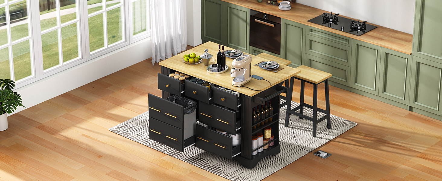 K&K Kitchen Island with 6 Drawers, Pull Out Trash Can Storage, Rolling Kitchen Island on 5 Wheels with Drop Leaf, Power Outlet, 5 Open Side Racks for Kitchen, Dining Room, Black - Image 4