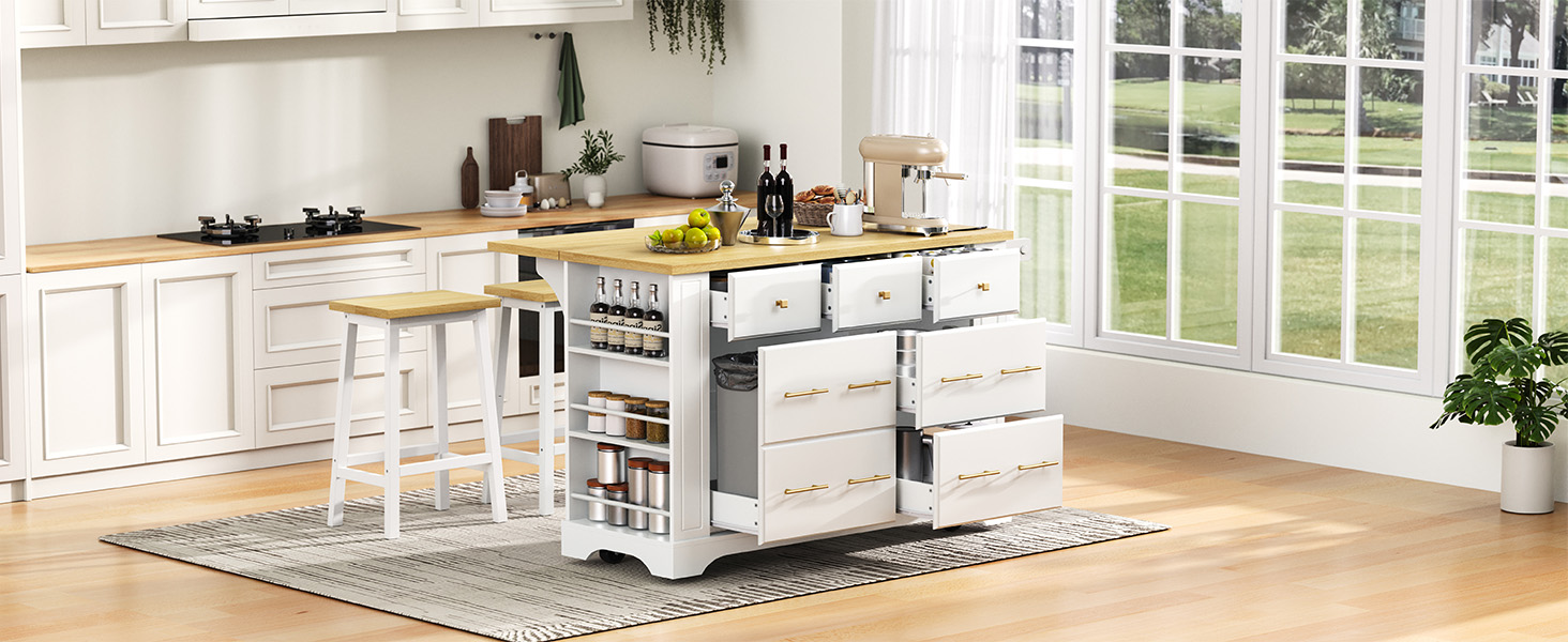 K&K Kitchen Island with 6 Drawers, Pull Out Trash Can Storage, Rolling Kitchen Island on 5 Wheels with Drop Leaf, Power Outlet, 5 Open Side Racks for Kitchen, Dining Room, White - Image 2