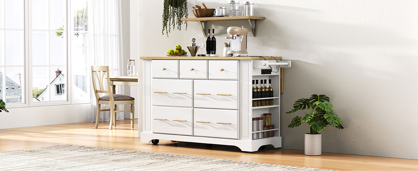K&K Kitchen Island with 6 Drawers, Pull Out Trash Can Storage, Rolling Kitchen Island on 5 Wheels with Drop Leaf, Power Outlet, 5 Open Side Racks for Kitchen, Dining Room, White - Image 4