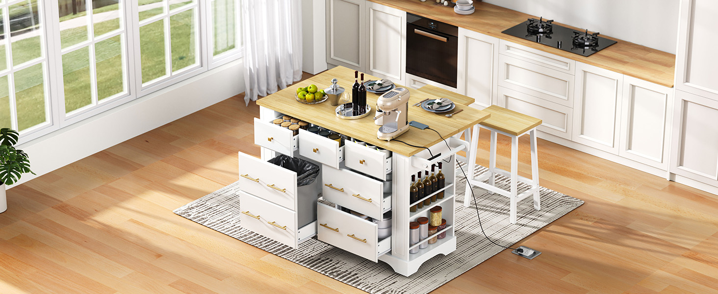 K&K Kitchen Island with 6 Drawers, Pull Out Trash Can Storage, Rolling Kitchen Island on 5 Wheels with Drop Leaf, Power Outlet, 5 Open Side Racks for Kitchen, Dining Room, White - Image 3