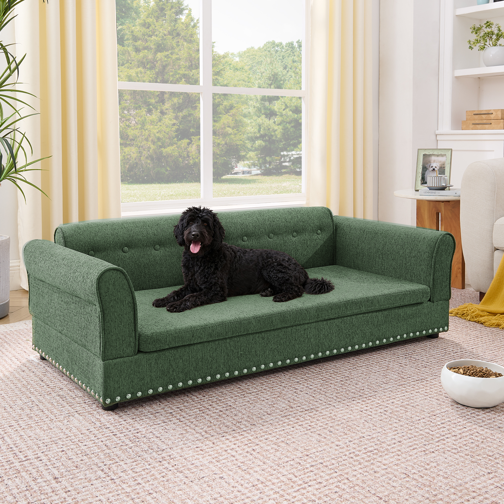 Oversized Pet Sofa ,Elegant Modern Linen Fabric Elevated Dog Sofa Bed, Comfortable Oversized Rectangular Pet Bed with Backrest & Armrest for Large & Oversized Dogs-Olive Green - Image 2