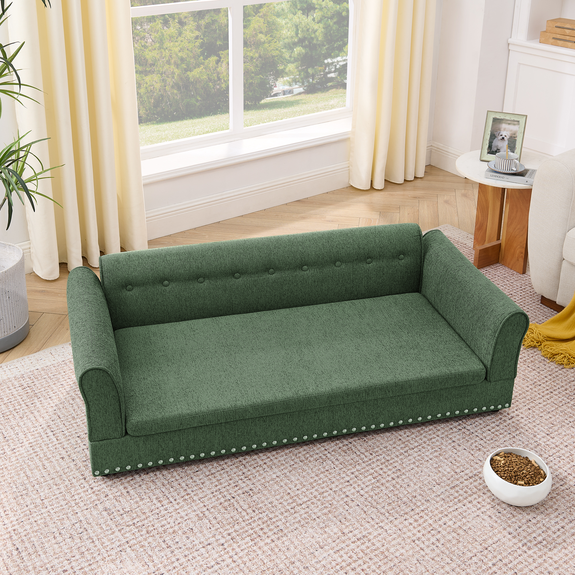 Oversized Pet Sofa ,Elegant Modern Linen Fabric Elevated Dog Sofa Bed, Comfortable Oversized Rectangular Pet Bed with Backrest & Armrest for Large & Oversized Dogs-Olive Green - Image 4