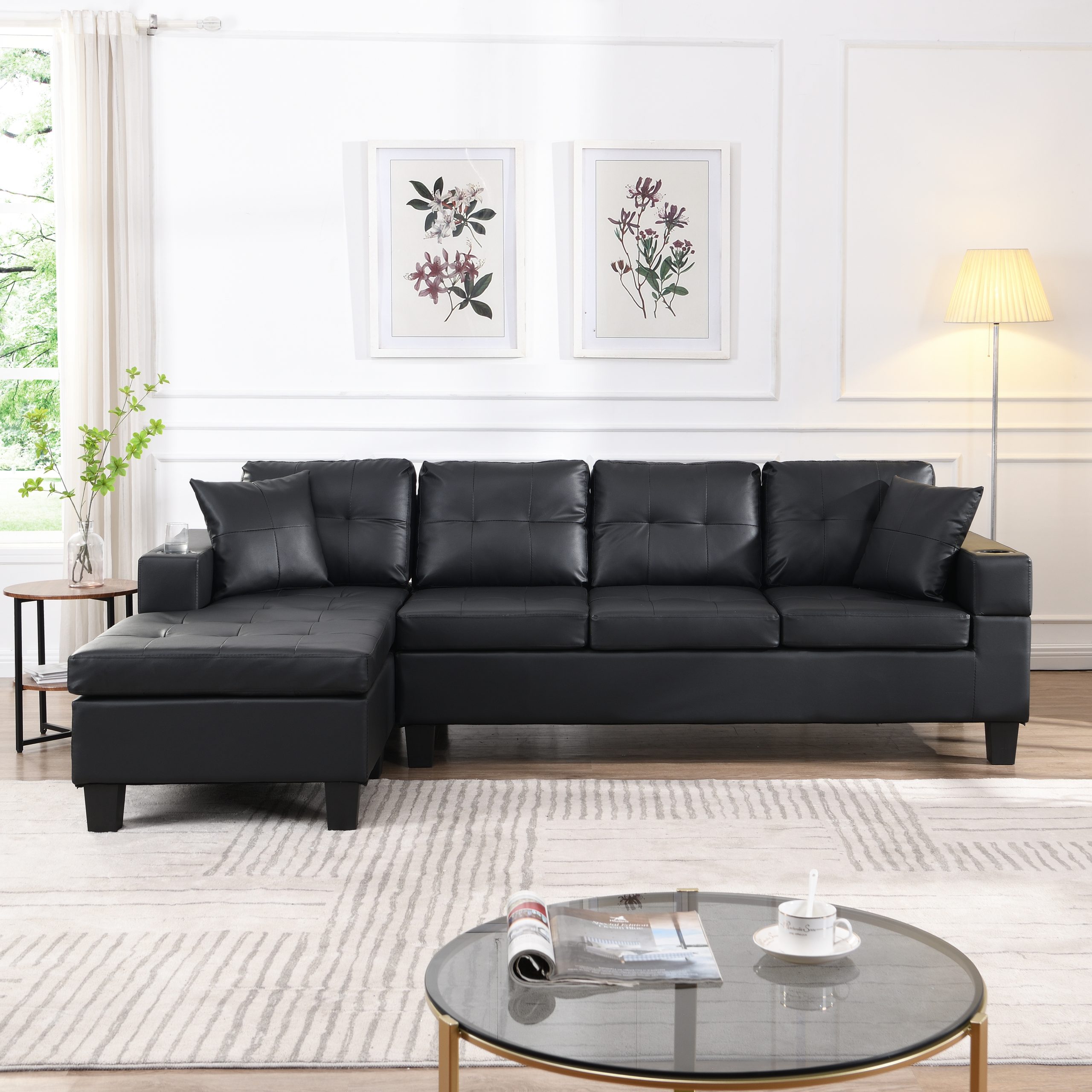 Sectional Sofa Set for Living Room with L Shape Chaise Lounge ,cup holder and Left or Right Hand Chaise Modern 4 Seat (BLACK) - Image 2