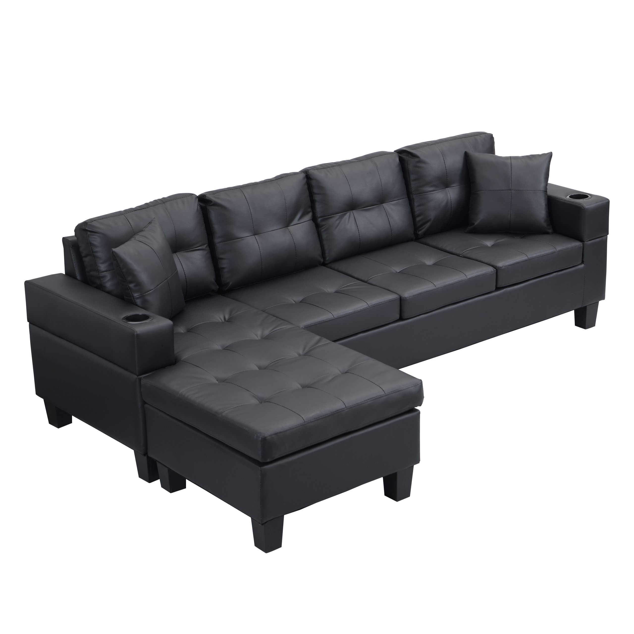 Sectional Sofa Set for Living Room with L Shape Chaise Lounge ,cup holder and Left or Right Hand Chaise Modern 4 Seat (BLACK) - Image 4