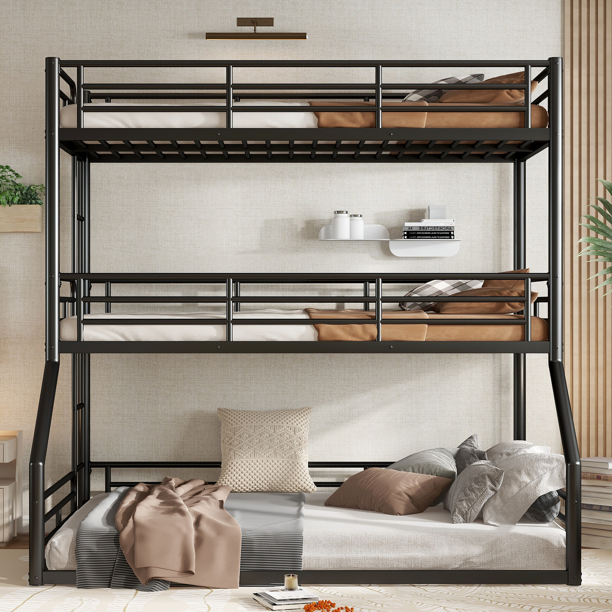 Twin over Twin over Full Bunk Bed, Metal Triple Bunk Bed with Safety Guardrails, Heavy-duty Bunk Bed with Noise-reduced Design, Black - Image 2