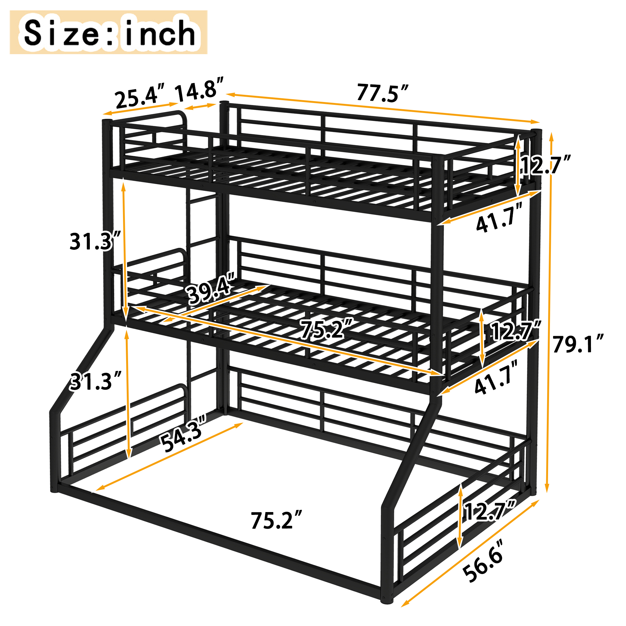 Twin over Twin over Full Bunk Bed, Metal Triple Bunk Bed with Safety Guardrails, Heavy-duty Bunk Bed with Noise-reduced Design, Black - Image 3