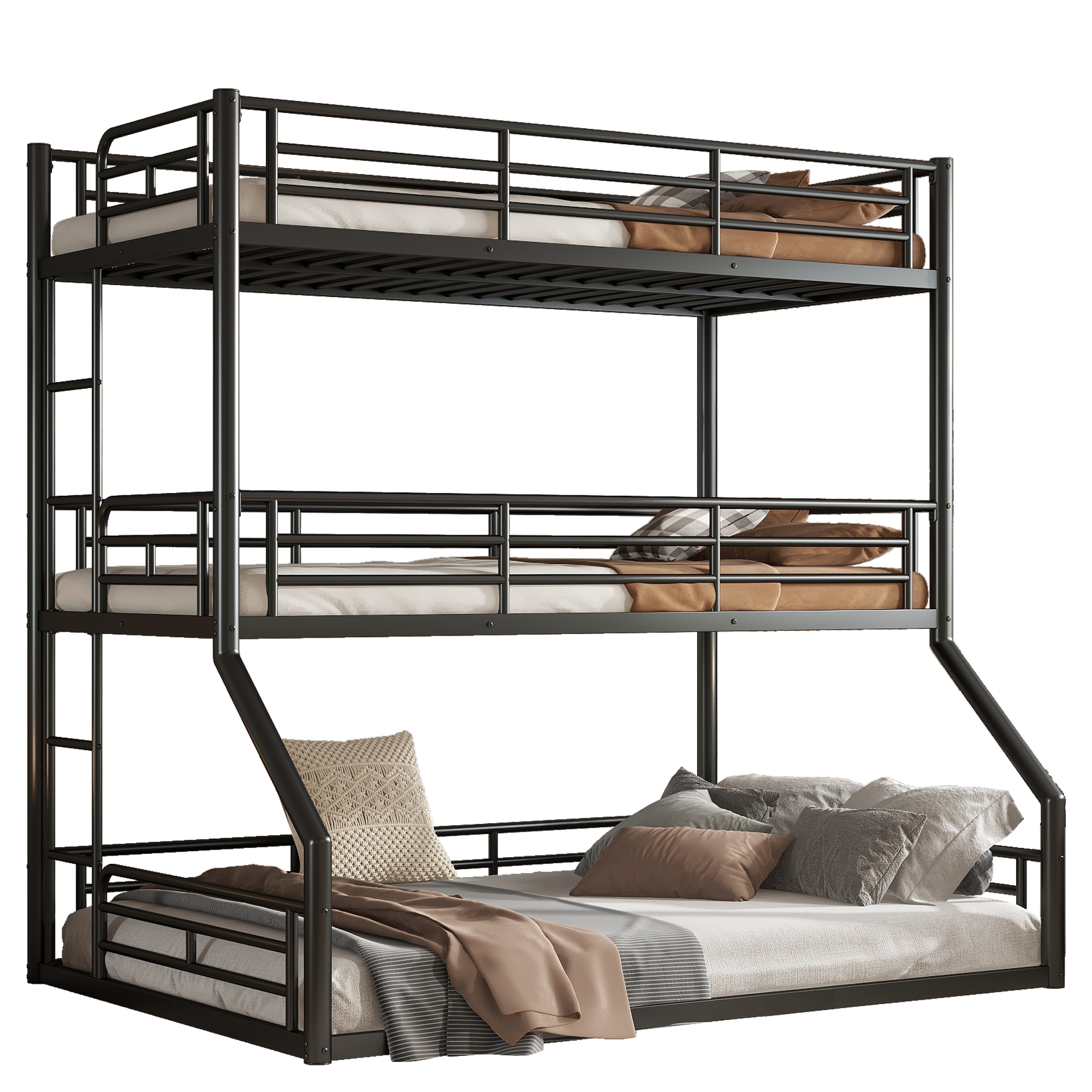 Twin over Twin over Full Bunk Bed, Metal Triple Bunk Bed with Safety Guardrails, Heavy-duty Bunk Bed with Noise-reduced Design, Black - Image 4