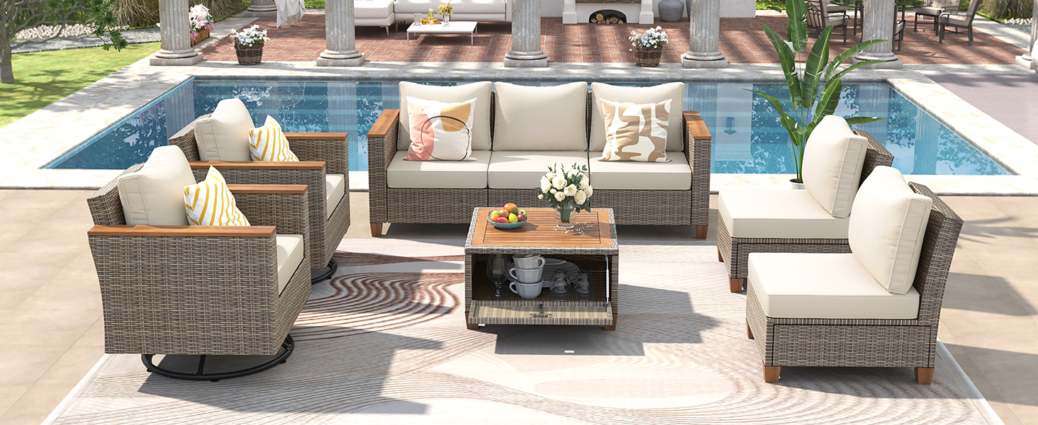 K&K 8-Piece Wicker Outdoor Patio Furniture Set with Thick Cushion, Rattan Patio Swivel Rocking Chairs Set of 2 with Acacia Storage Table , Wicker Conversation Set for Outdoor Couch, Backyard, Beige - Image 3