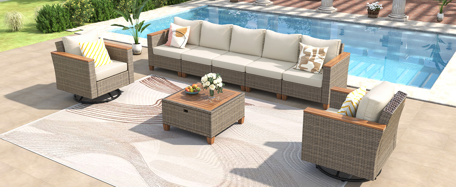 K&K 8-Piece Wicker Outdoor Patio Furniture Set with Thick Cushion, Rattan Patio Swivel Rocking Chairs Set of 2 with Acacia Storage Table , Wicker Conversation Set for Outdoor Couch, Backyard, Beige - Image 4