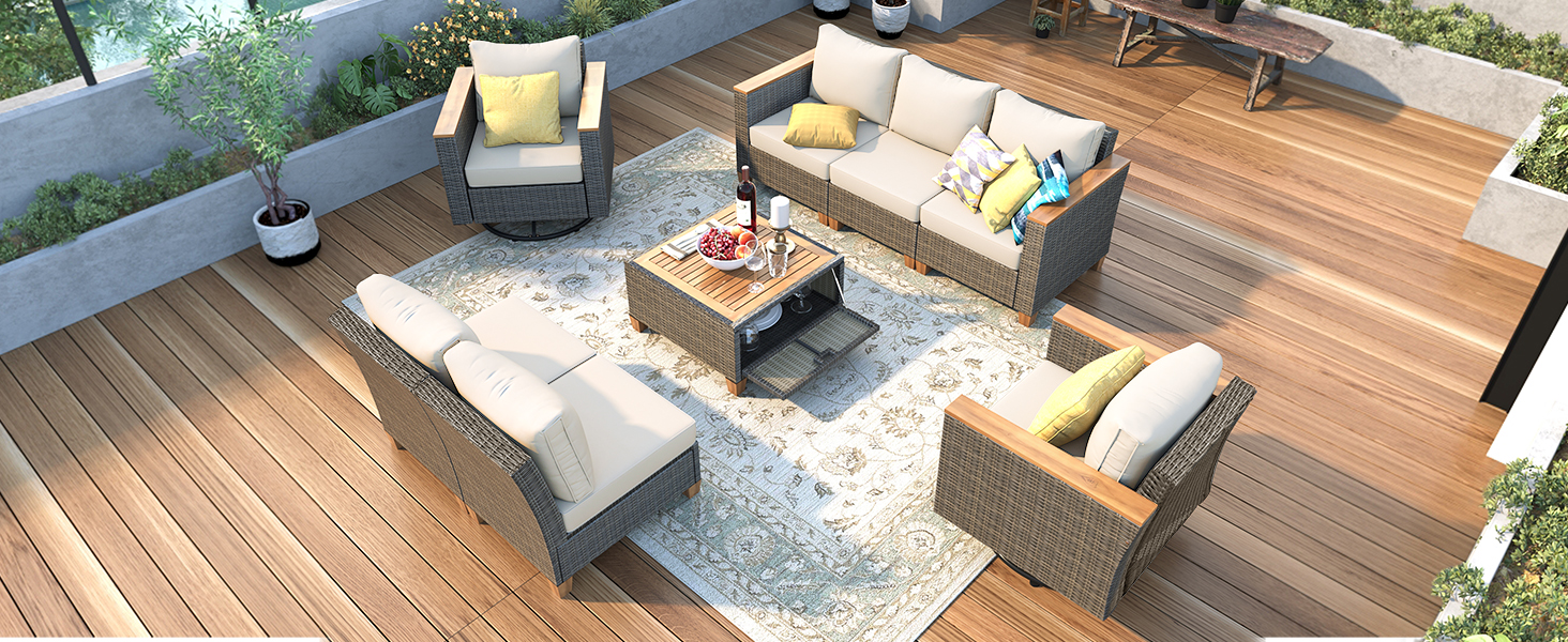 K&K 8-Piece Wicker Outdoor Patio Furniture Set with Thick Cushion, Rattan Patio Swivel Rocking Chairs Set of 2 with Acacia Storage Table , Wicker Conversation Set for Outdoor Couch, Backyard, Beige - Image 5
