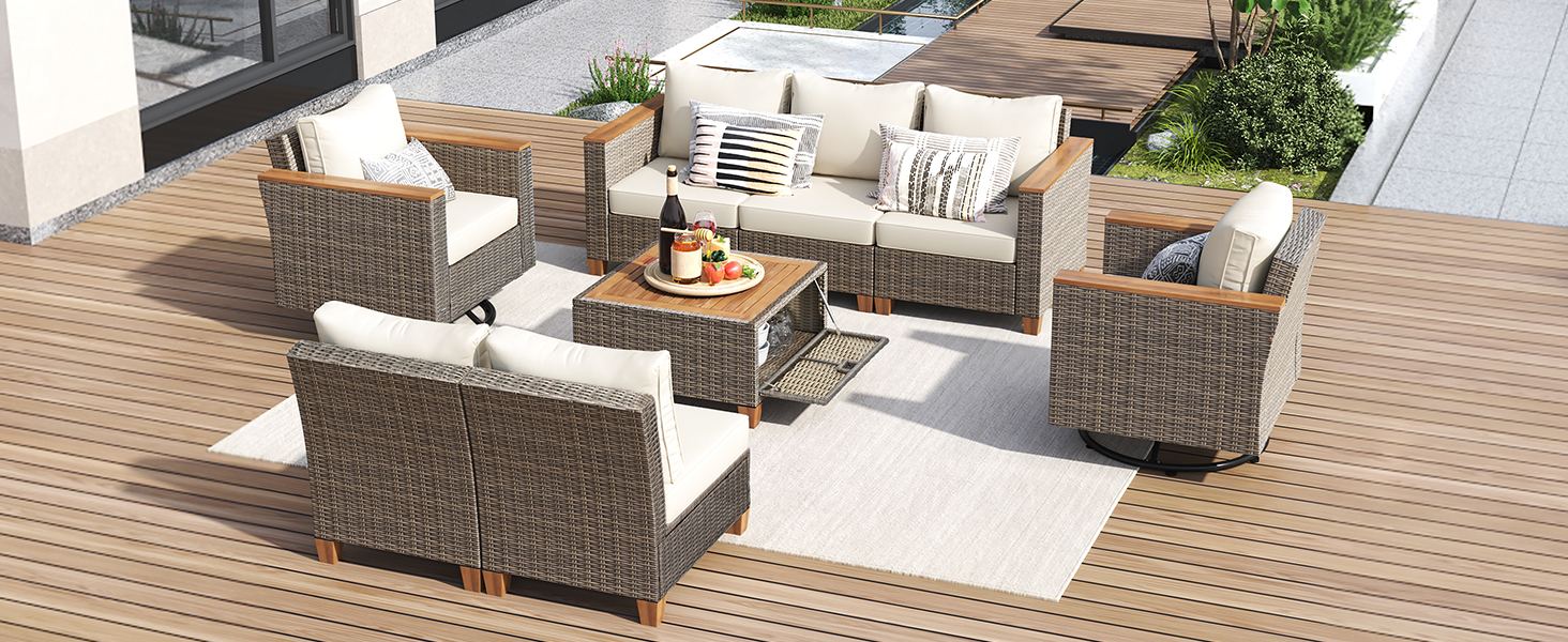 K&K 8-Piece Wicker Outdoor Patio Furniture Set with Thick Cushion, Rattan Patio Swivel Rocking Chairs Set of 2 with Acacia Storage Table , Wicker Conversation Set for Outdoor Couch, Backyard, Beige - Image 6