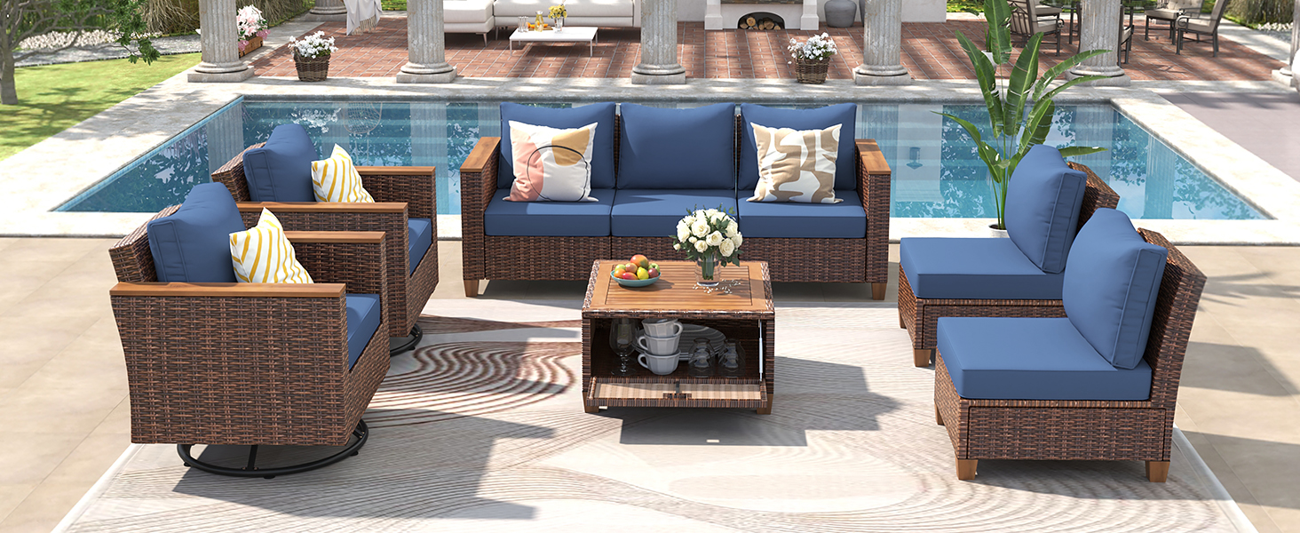 K&K 8-Piece Wicker Outdoor Patio Furniture Set with Thick Cushion, Rattan Patio Swivel Rocking Chairs Set of 2 with Acacia Storage Table , Wicker Conversation Set for Outdoor Couch, Backyard, Blue - Image 3