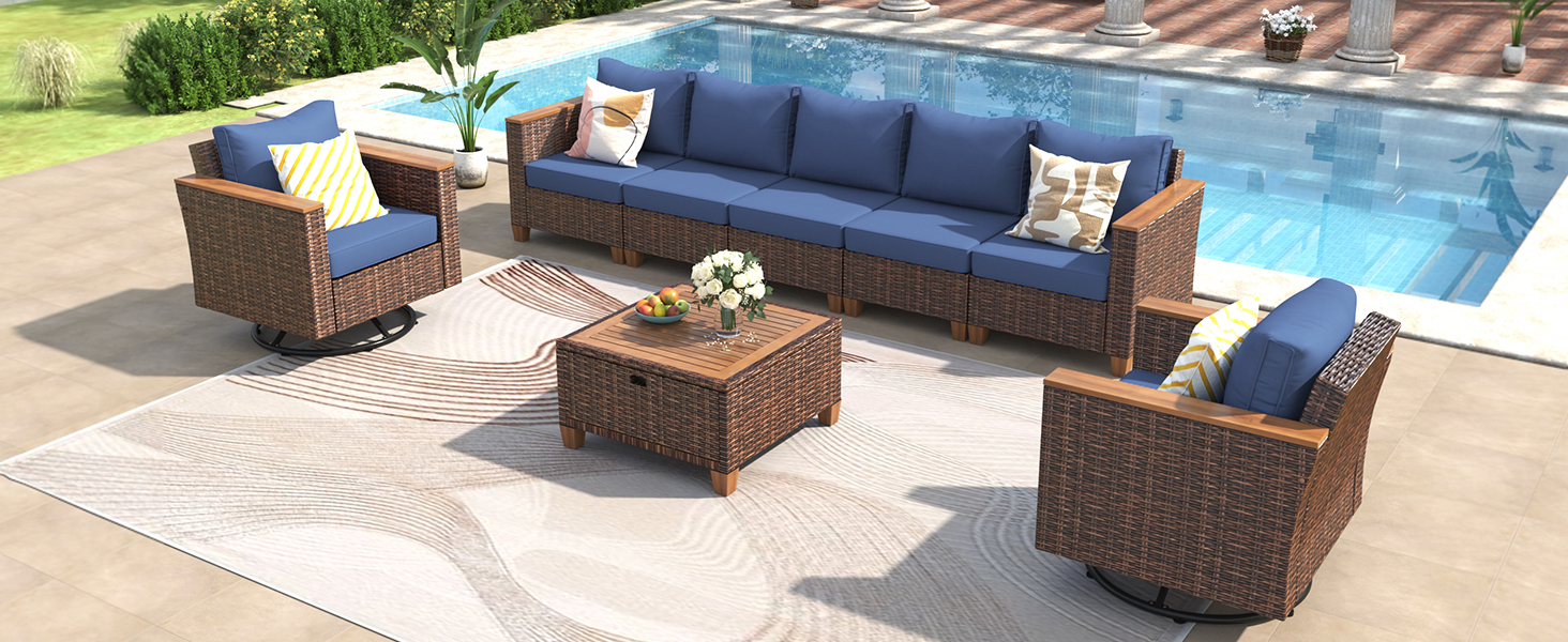 K&K 8-Piece Wicker Outdoor Patio Furniture Set with Thick Cushion, Rattan Patio Swivel Rocking Chairs Set of 2 with Acacia Storage Table , Wicker Conversation Set for Outdoor Couch, Backyard, Blue - Image 4