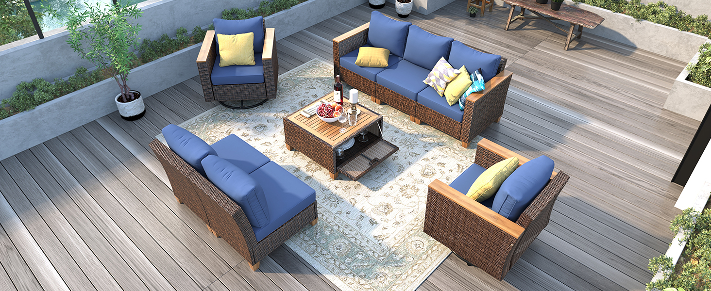K&K 8-Piece Wicker Outdoor Patio Furniture Set with Thick Cushion, Rattan Patio Swivel Rocking Chairs Set of 2 with Acacia Storage Table , Wicker Conversation Set for Outdoor Couch, Backyard, Blue - Image 5