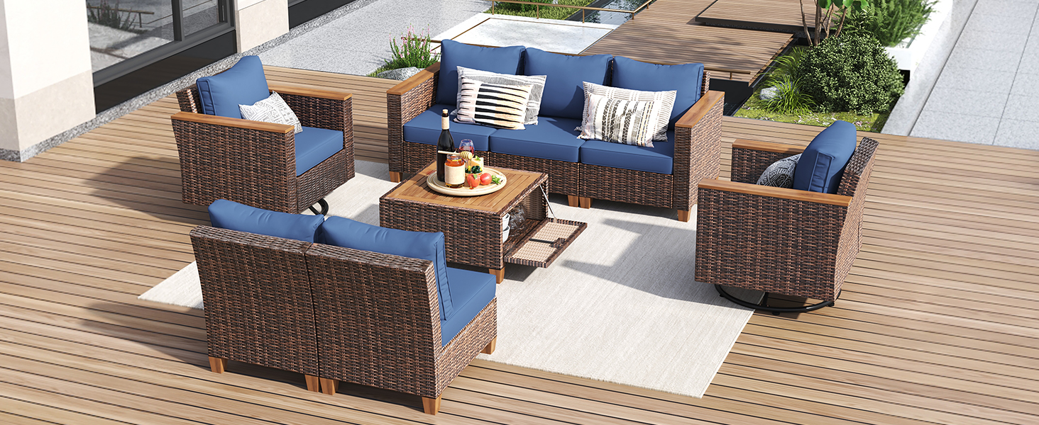 K&K 8-Piece Wicker Outdoor Patio Furniture Set with Thick Cushion, Rattan Patio Swivel Rocking Chairs Set of 2 with Acacia Storage Table , Wicker Conversation Set for Outdoor Couch, Backyard, Blue - Image 6