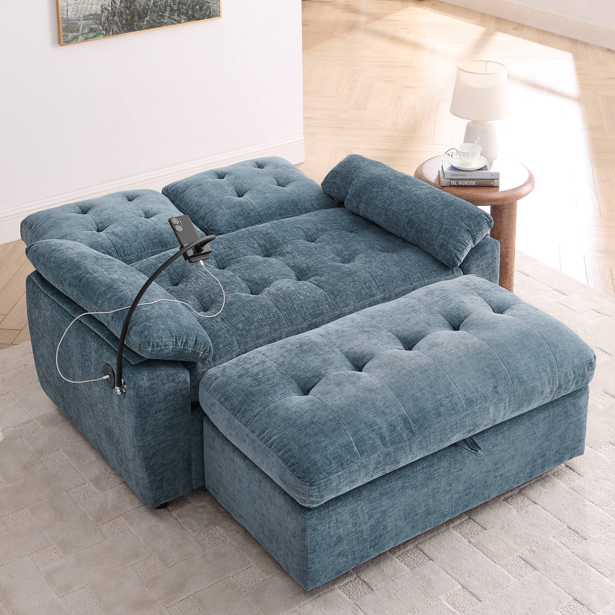 Leisure sofa chair,Double sofa recliner, with manually adjustable backrest, soft padded armrests, side USB charging port and phone stand, comes with a matching storage ottoman-Blue - Image 2