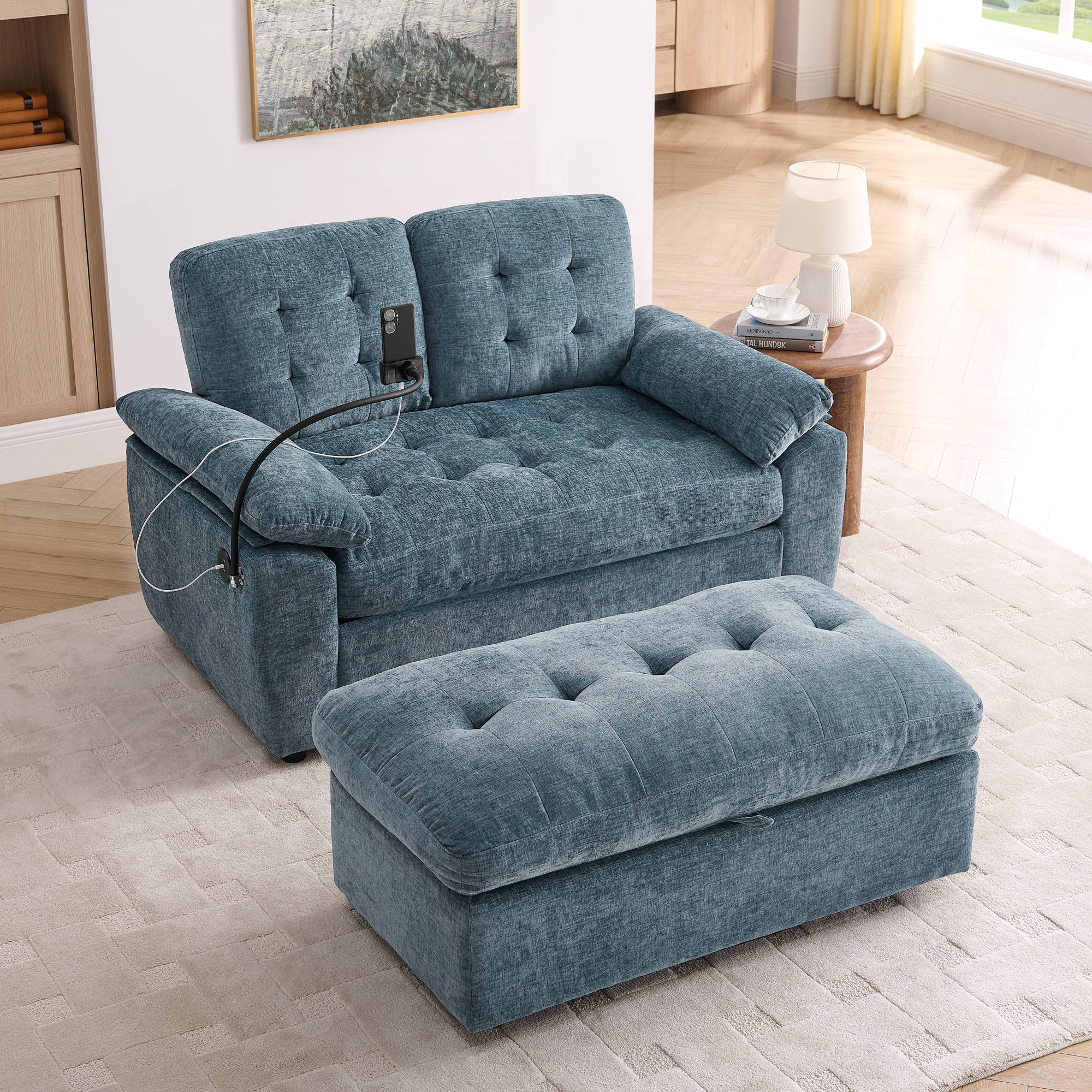 Leisure sofa chair,Double sofa recliner, with manually adjustable backrest, soft padded armrests, side USB charging port and phone stand, comes with a matching storage ottoman-Blue - Image 3