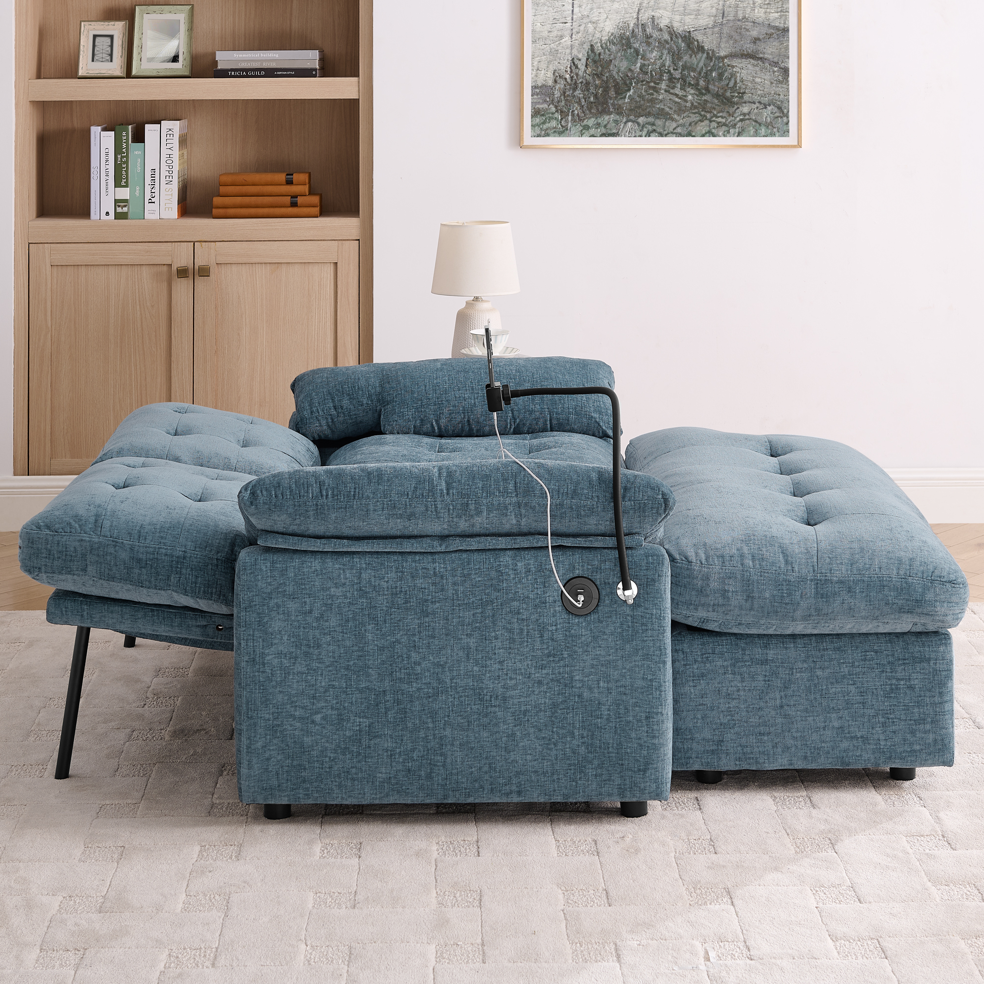 Leisure sofa chair,Double sofa recliner, with manually adjustable backrest, soft padded armrests, side USB charging port and phone stand, comes with a matching storage ottoman-Blue - Image 4