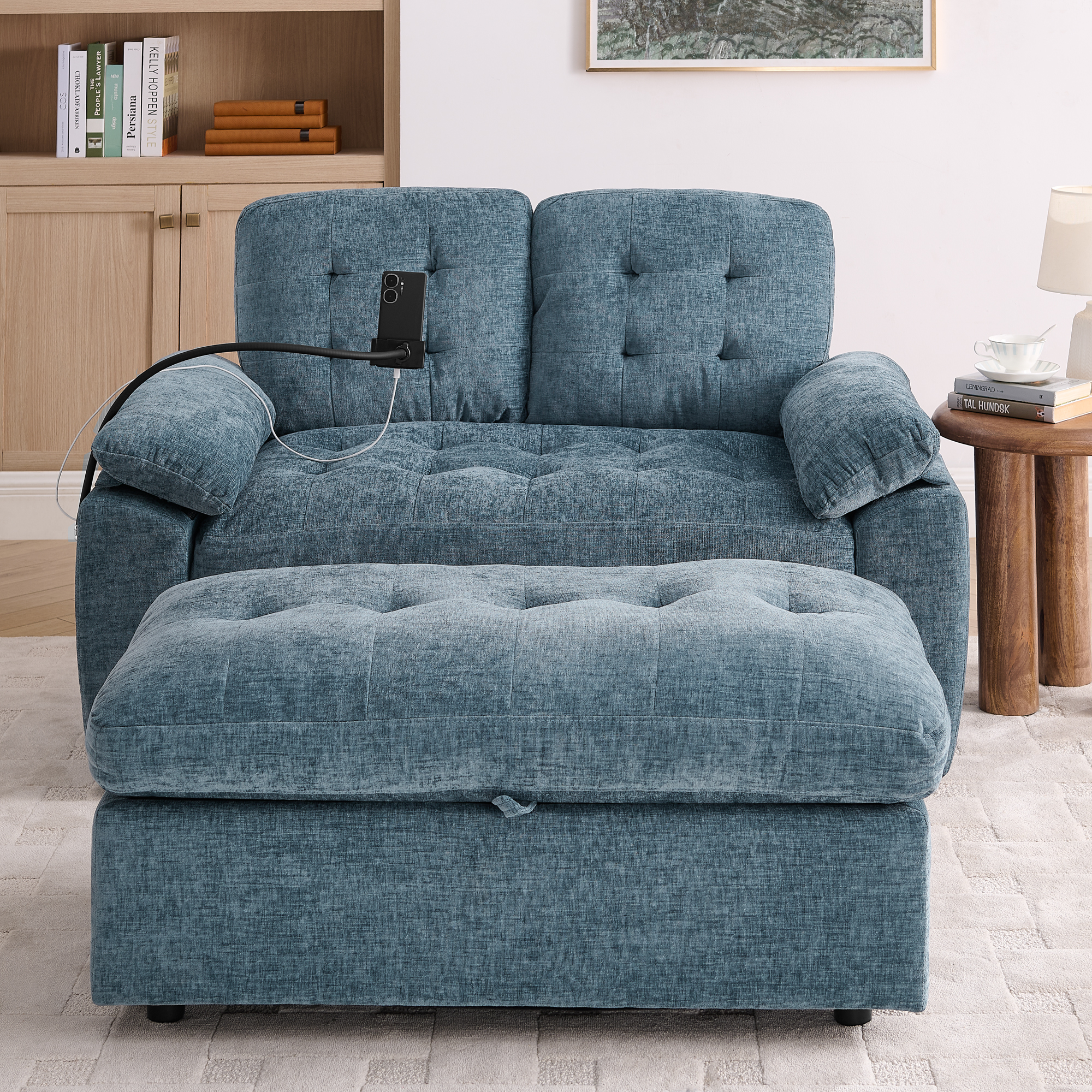 Leisure sofa chair,Double sofa recliner, with manually adjustable backrest, soft padded armrests, side USB charging port and phone stand, comes with a matching storage ottoman-Blue - Image 5