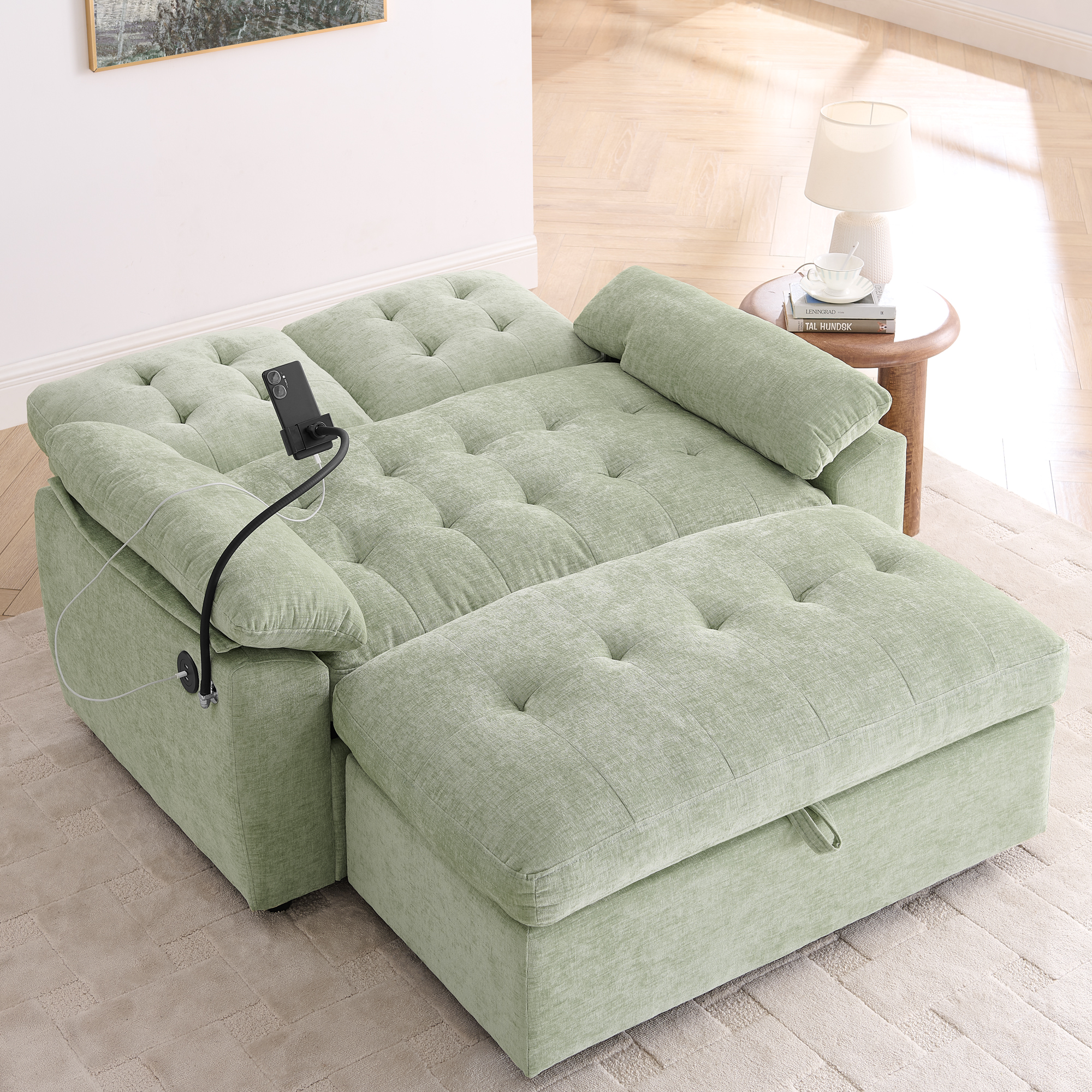 Leisure sofa chair,Double sofa recliner, with manually adjustable backrest, soft padded armrests, side USB charging port and phone stand, comes with a matching storage ottoman-Cyan - Image 2