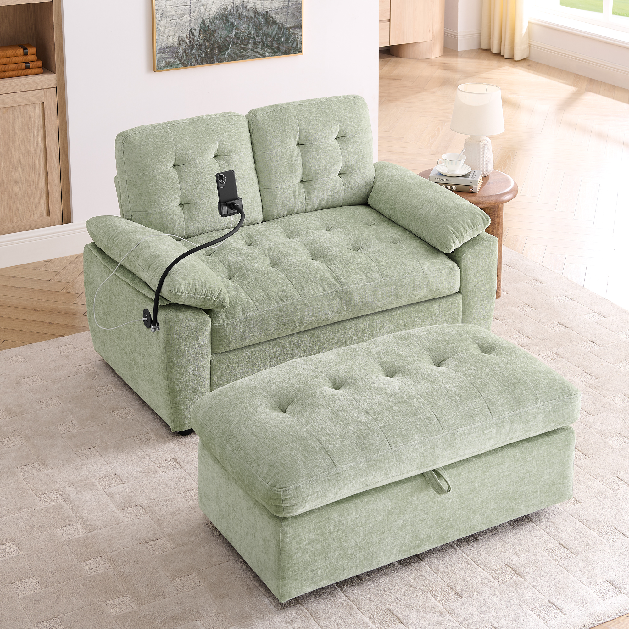 Leisure sofa chair,Double sofa recliner, with manually adjustable backrest, soft padded armrests, side USB charging port and phone stand, comes with a matching storage ottoman-Cyan - Image 3