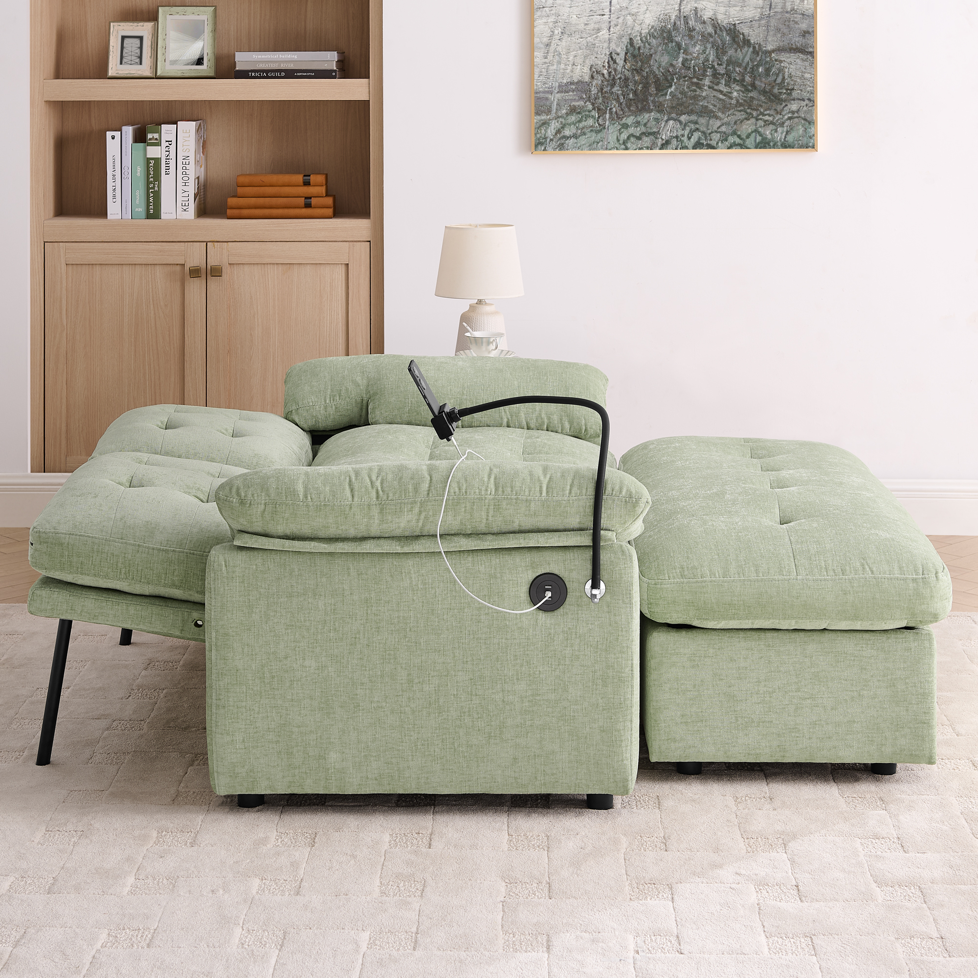 Leisure sofa chair,Double sofa recliner, with manually adjustable backrest, soft padded armrests, side USB charging port and phone stand, comes with a matching storage ottoman-Cyan - Image 4