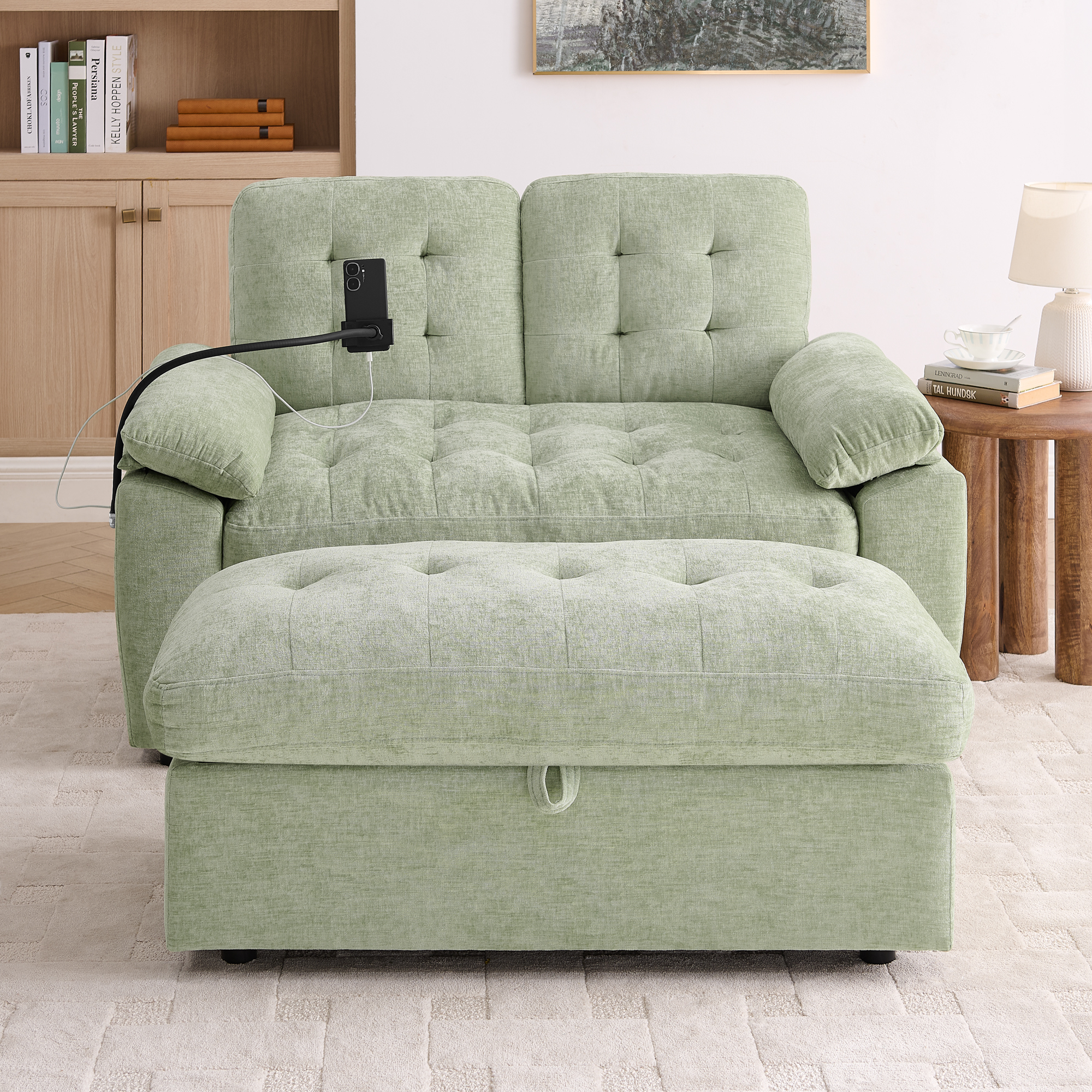 Leisure sofa chair,Double sofa recliner, with manually adjustable backrest, soft padded armrests, side USB charging port and phone stand, comes with a matching storage ottoman-Cyan - Image 5