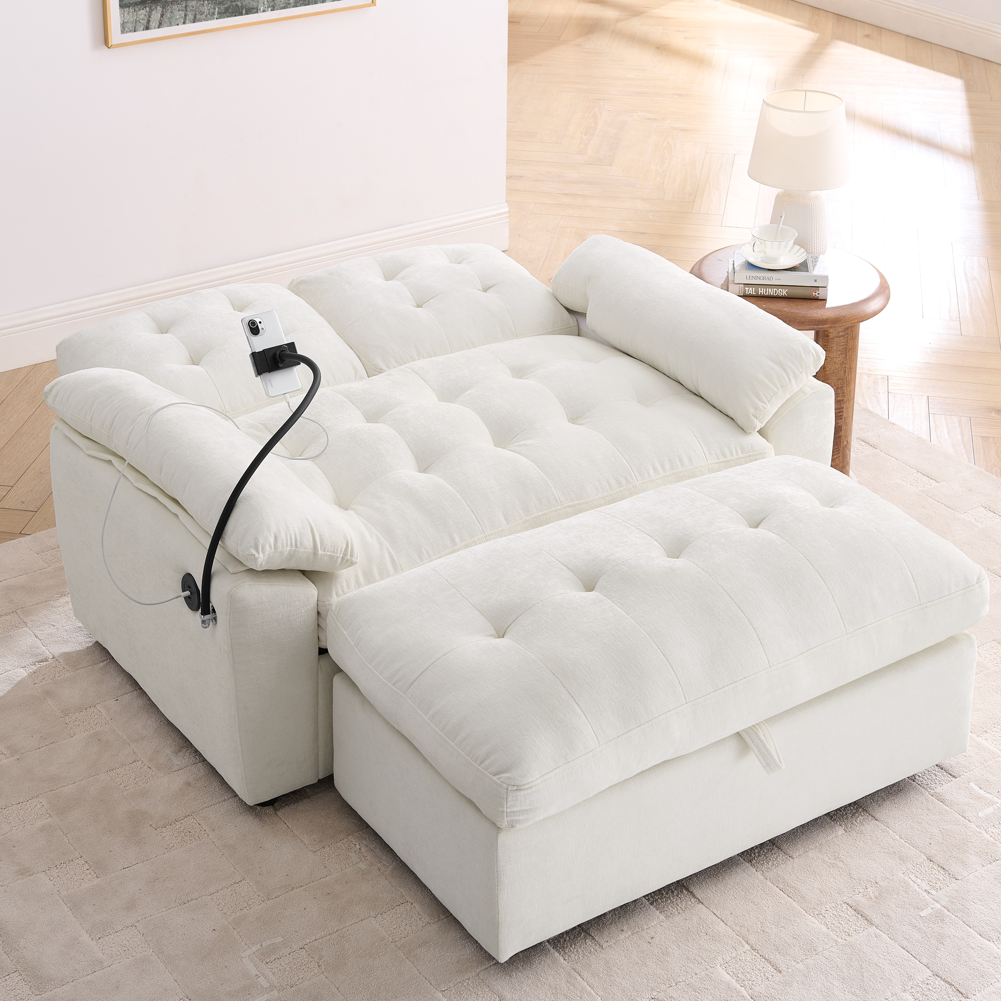 Leisure sofa chair,Double sofa recliner, with manually adjustable backrest, soft padded armrests, side USB charging port and phone stand, comes with a matching storage ottoman-Beige - Image 2