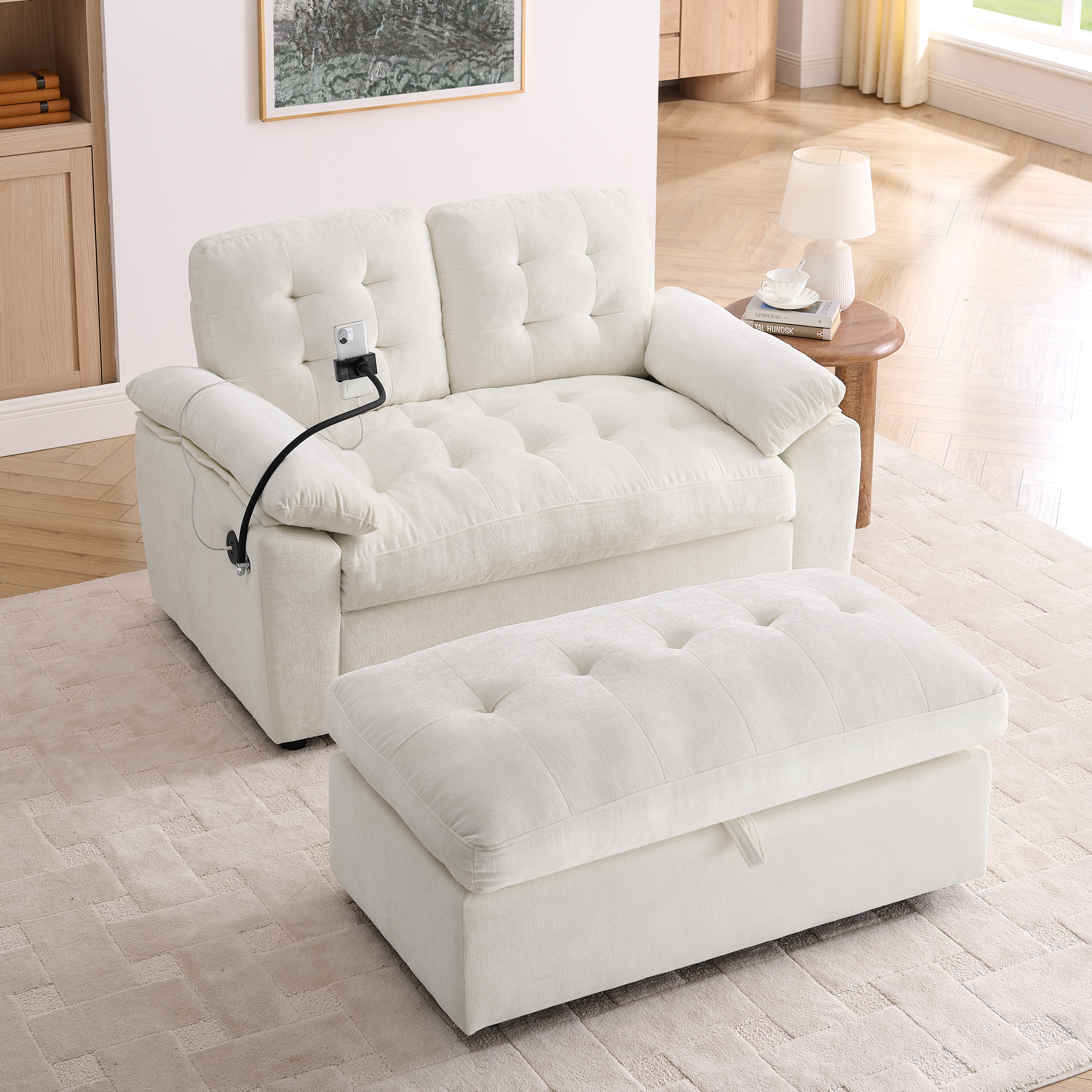 Leisure sofa chair,Double sofa recliner, with manually adjustable backrest, soft padded armrests, side USB charging port and phone stand, comes with a matching storage ottoman-Beige - Image 3