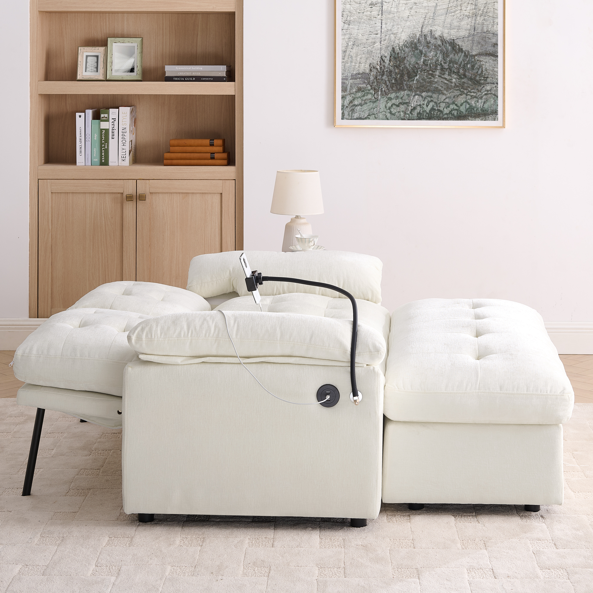 Leisure sofa chair,Double sofa recliner, with manually adjustable backrest, soft padded armrests, side USB charging port and phone stand, comes with a matching storage ottoman-Beige - Image 4