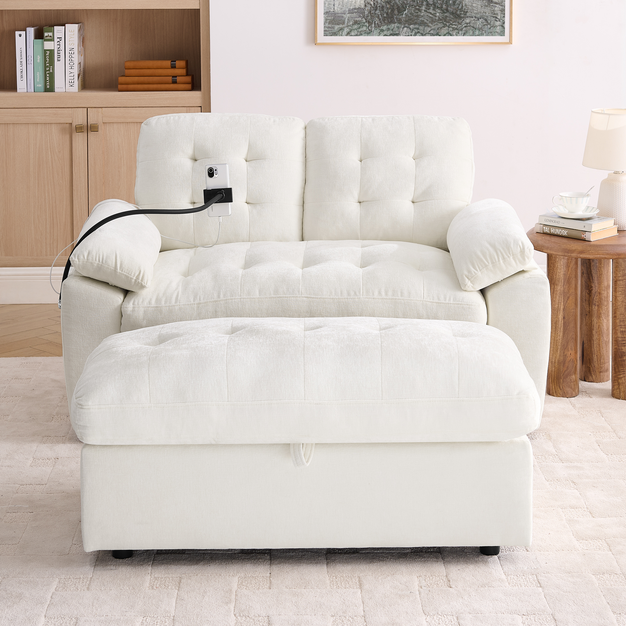 Leisure sofa chair,Double sofa recliner, with manually adjustable backrest, soft padded armrests, side USB charging port and phone stand, comes with a matching storage ottoman-Beige - Image 5