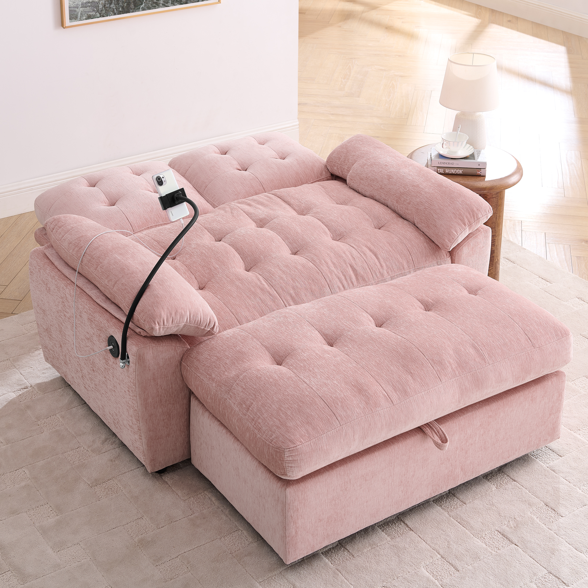Leisure sofa chair,Double sofa recliner, with manually adjustable backrest, soft padded armrests, side USB charging port and phone stand, comes with a matching storage ottoman-Pink - Image 2