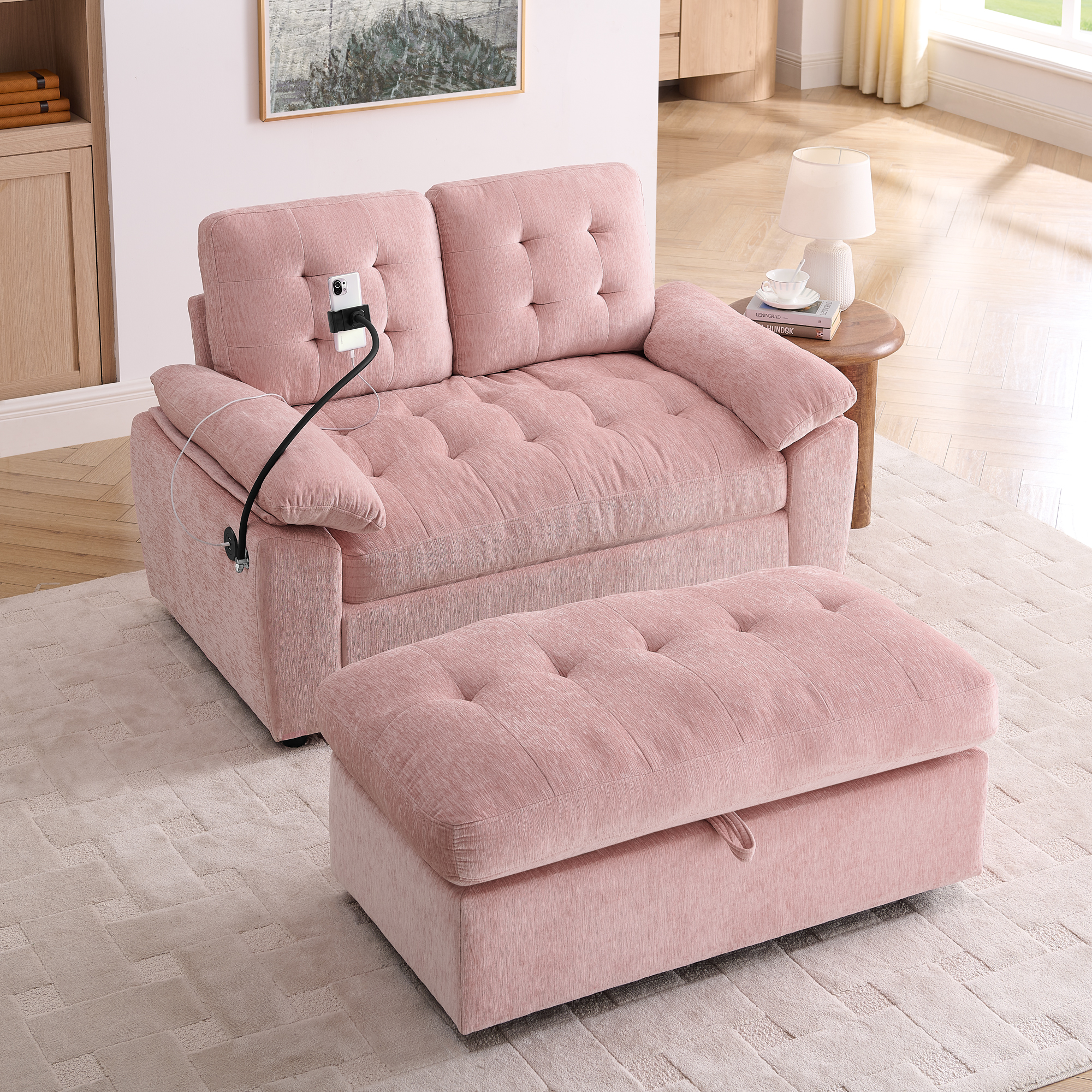 Leisure sofa chair,Double sofa recliner, with manually adjustable backrest, soft padded armrests, side USB charging port and phone stand, comes with a matching storage ottoman-Pink - Image 3