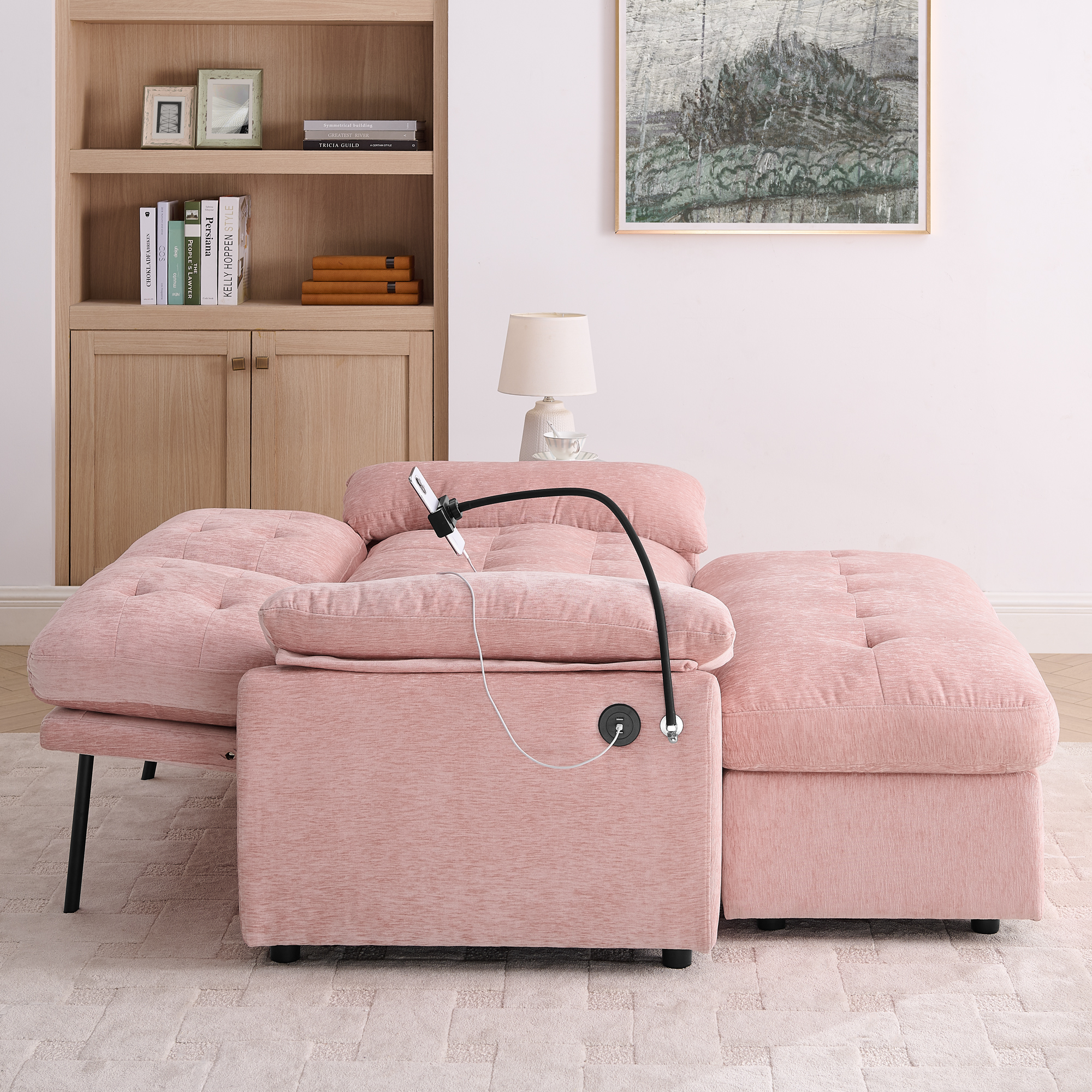 Leisure sofa chair,Double sofa recliner, with manually adjustable backrest, soft padded armrests, side USB charging port and phone stand, comes with a matching storage ottoman-Pink - Image 4