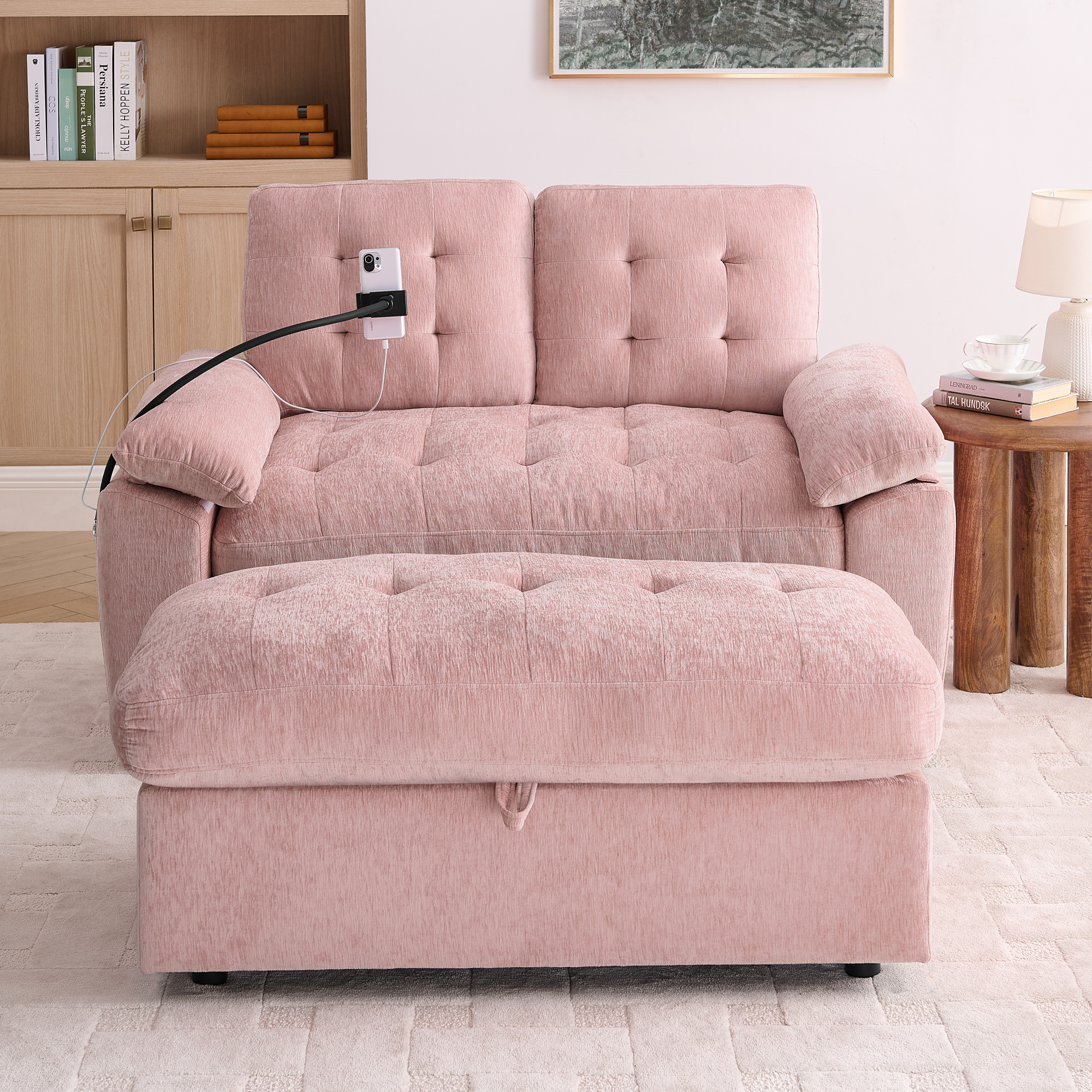 Leisure sofa chair,Double sofa recliner, with manually adjustable backrest, soft padded armrests, side USB charging port and phone stand, comes with a matching storage ottoman-Pink - Image 5