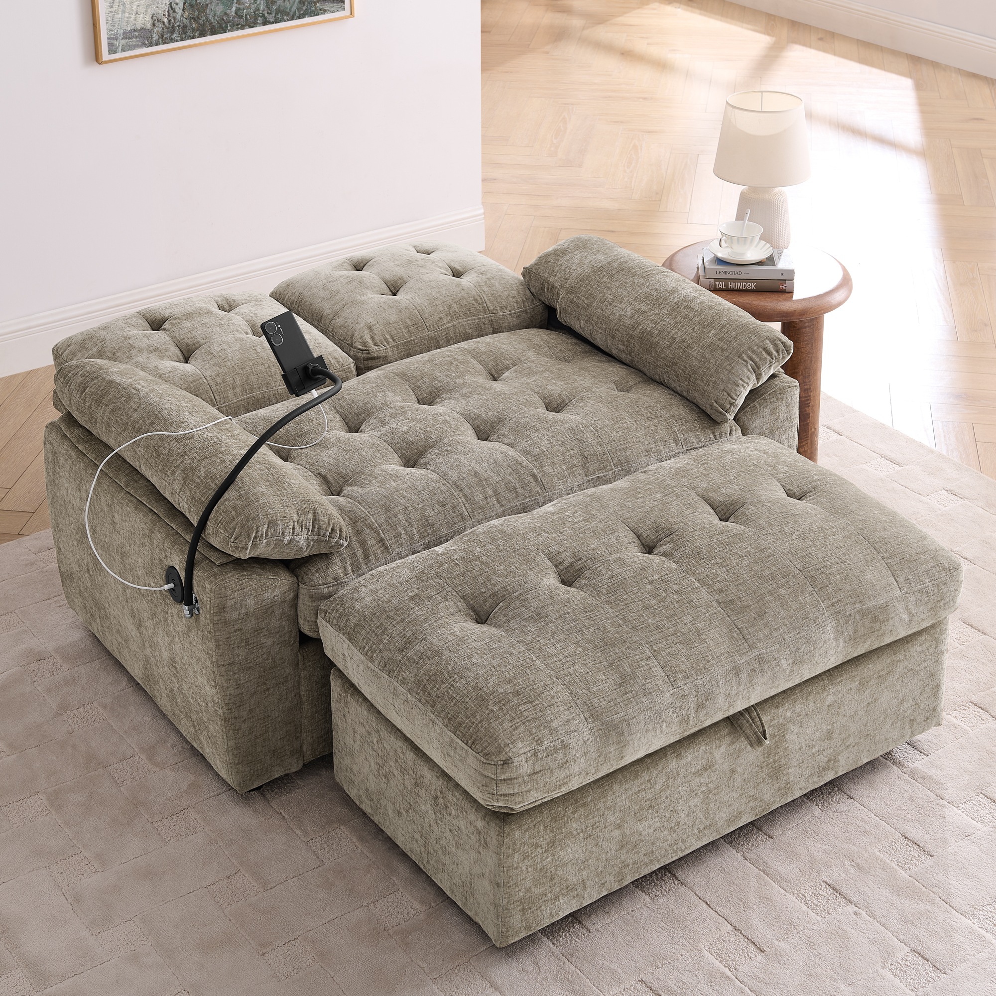 Leisure sofa chair,Double sofa recliner, with manually adjustable backrest, soft padded armrests, side USB charging port and phone stand, comes with a matching storage ottoman-Brown - Image 2