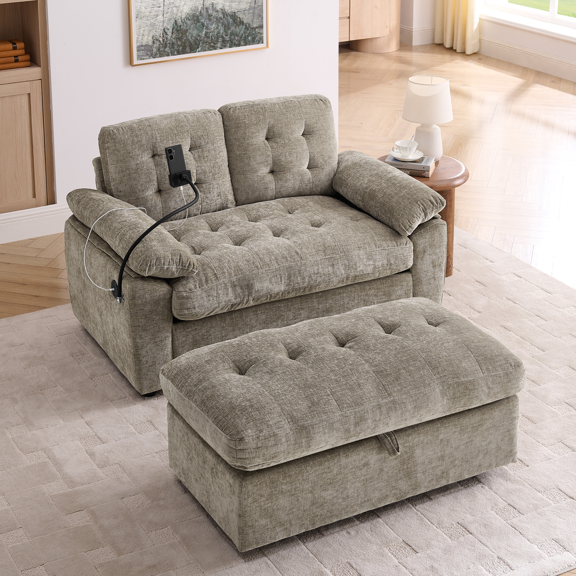 Leisure sofa chair,Double sofa recliner, with manually adjustable backrest, soft padded armrests, side USB charging port and phone stand, comes with a matching storage ottoman-Brown - Image 3