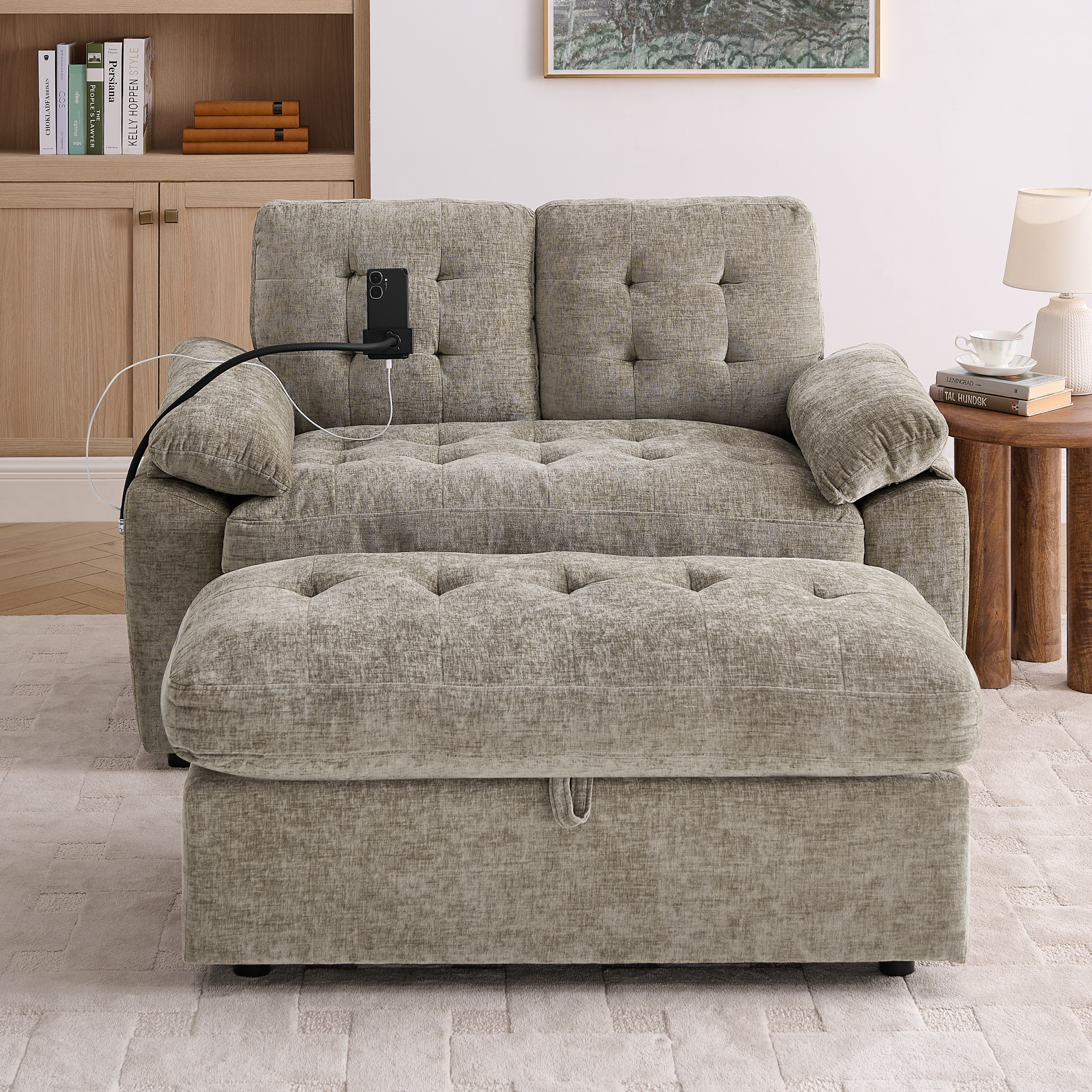 Leisure sofa chair,Double sofa recliner, with manually adjustable backrest, soft padded armrests, side USB charging port and phone stand, comes with a matching storage ottoman-Brown - Image 4
