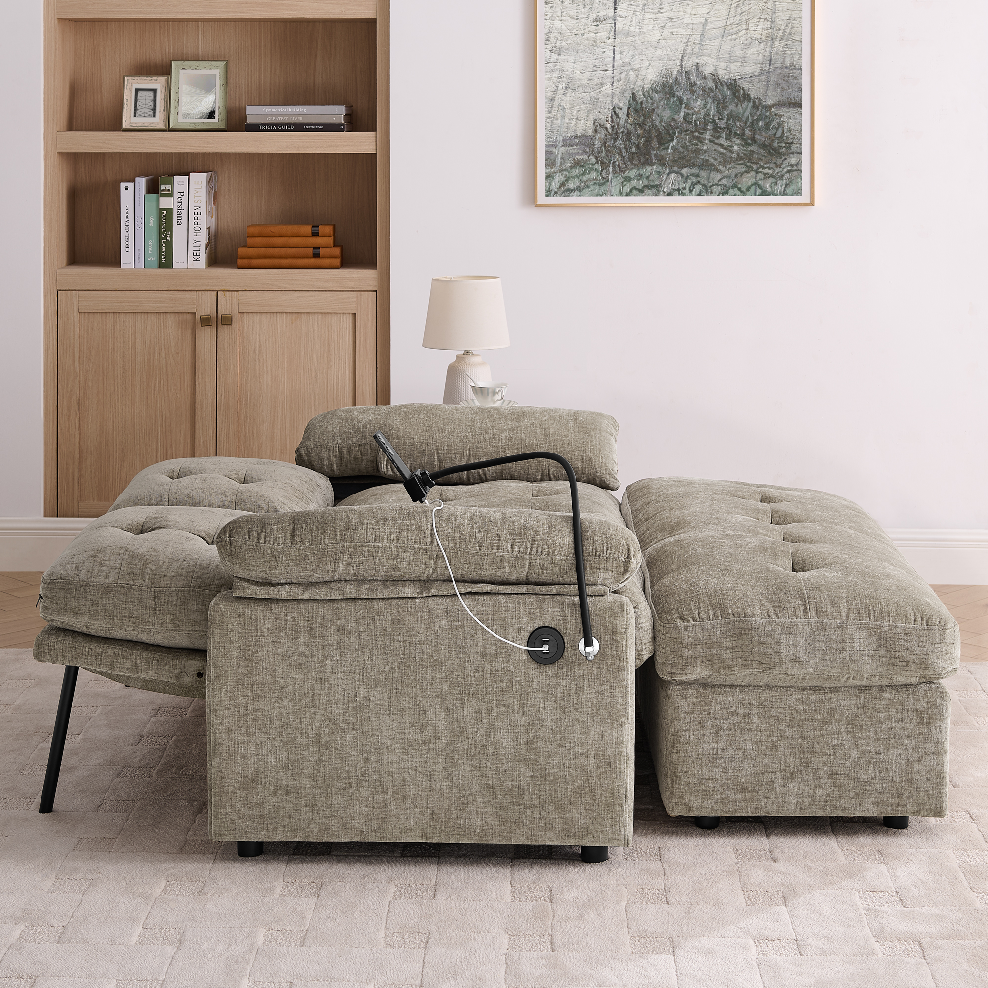 Leisure sofa chair,Double sofa recliner, with manually adjustable backrest, soft padded armrests, side USB charging port and phone stand, comes with a matching storage ottoman-Brown - Image 5